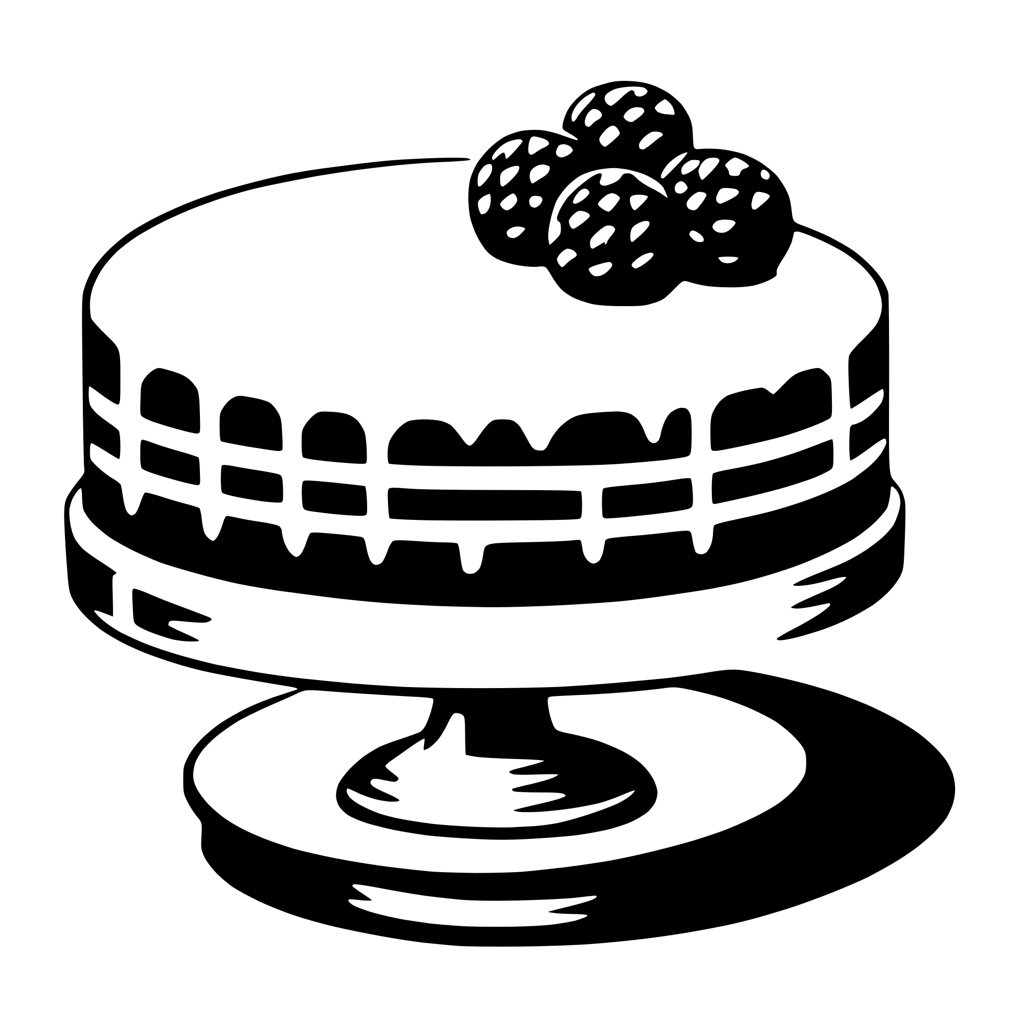 The SVG depicts a simple, stylized cake with a single berry on top. The cake has a round base and a flat top, with a decorative border around the top edge. The berry is placed centrally on the top of the cake, and it appears to be a raspberry or a similar type of berry. The cake is sitting on a flat surface, which could be a cake stand or a plate, but the details of the stand or plate are not visible. The SVG is a vector graphic, which means it is composed of lines and shapes rather than a photographic SVG. 