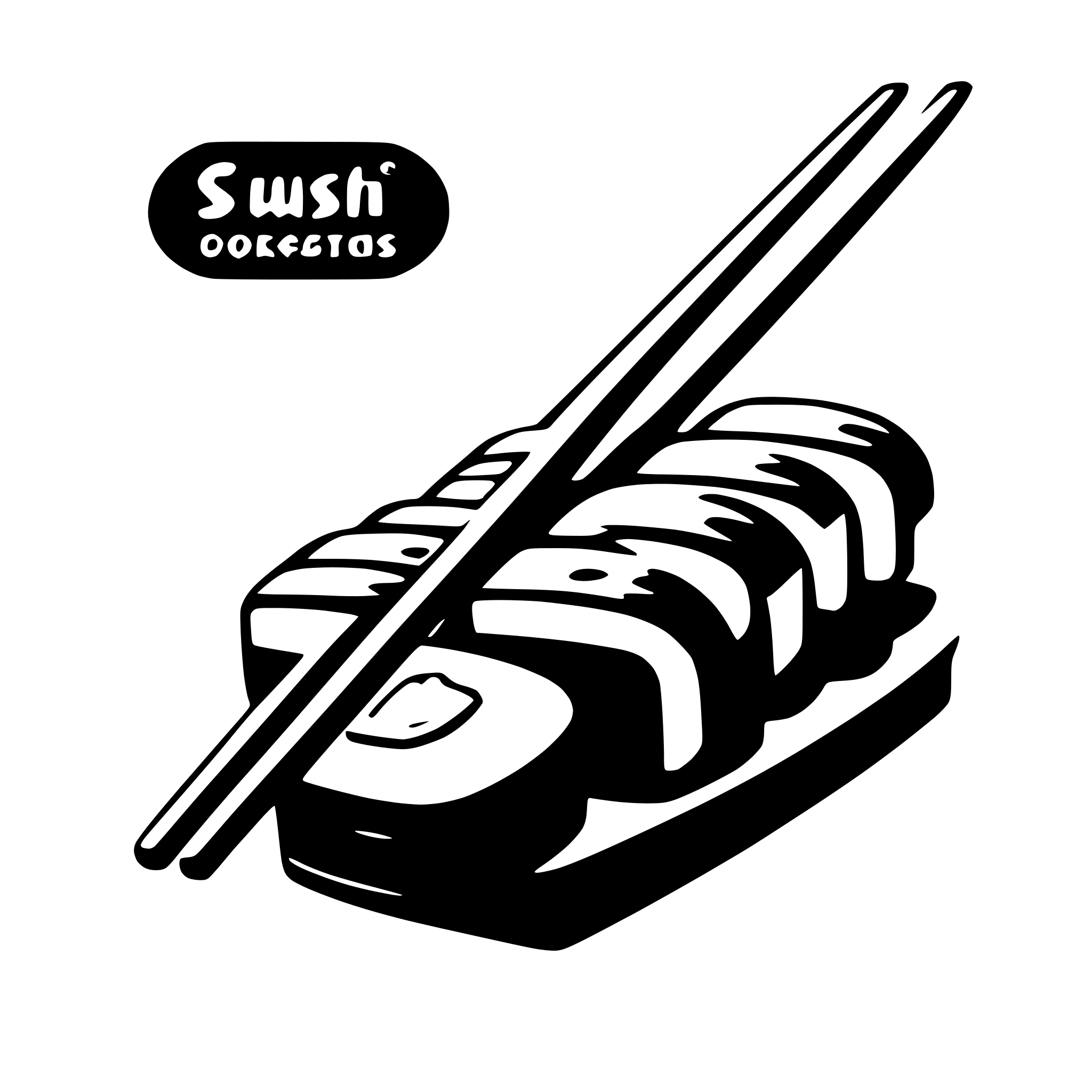 The SVG shows a pair of chopsticks resting on a rectangular block, which appears to be a type of sushi or sashimi. The chopsticks are crossed over each other, and the sushi block has a series of indentations, suggesting it is designed to hold sushi pieces. The SVG is a simple, stylized representation, likely intended for a logo or icon. 