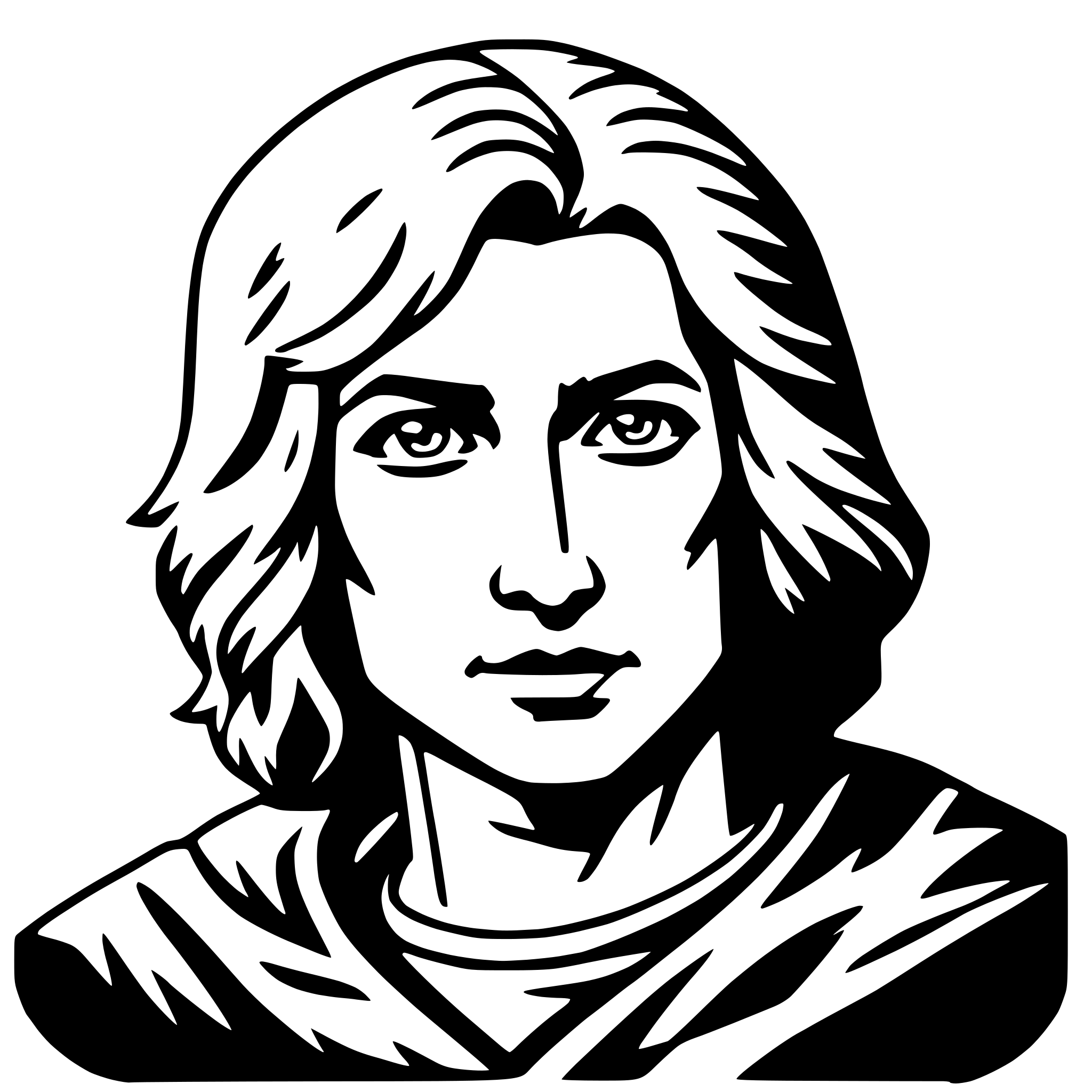 The SVG is a black and white vector illustration of a person's head and shoulders. The person has long hair, styled in a way that it falls over one shoulder, and appears to be of medium length. The individual has a neutral expression with a slight tilt of the head to the left. The person's eyes are looking directly at the viewer, and the eyebrows are arched slightly. The person's nose is straight and of average length, and the lips are closed. The person is wearing what seems to be a turtleneck or a high-collared shirt, which is visible at the neckline. The style of the illustration is simplistic and stylized, with clean lines and minimal shading, which is typical for vector graphics. 