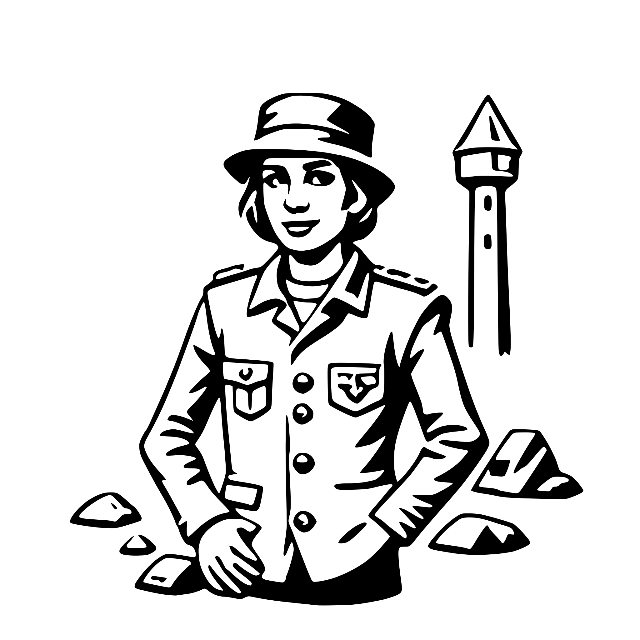 The SVG depicts a stylized illustration of a person standing in front of a tower. The person is wearing a hat and a coat with pockets, and is holding what appears to be a small object or tool in their right hand. The tower has a pointed top and is situated to the right of the person. The overall style is simplistic and cartoon-like, with solid lines and minimal shading. There is no interaction between the objects; they are simply placed next to each other. 