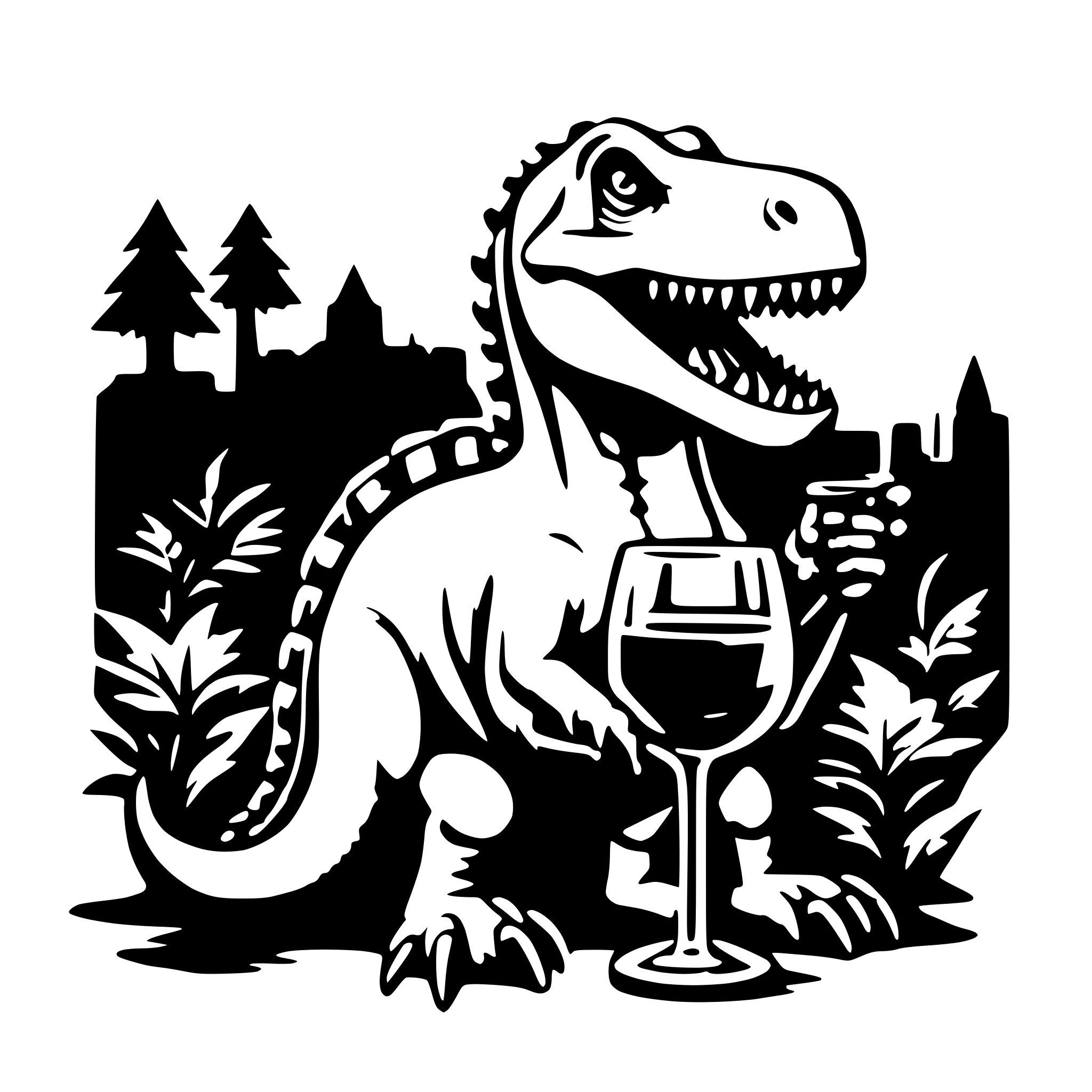AI-generated SVG of a dinosaur with a glss of wine in the hand