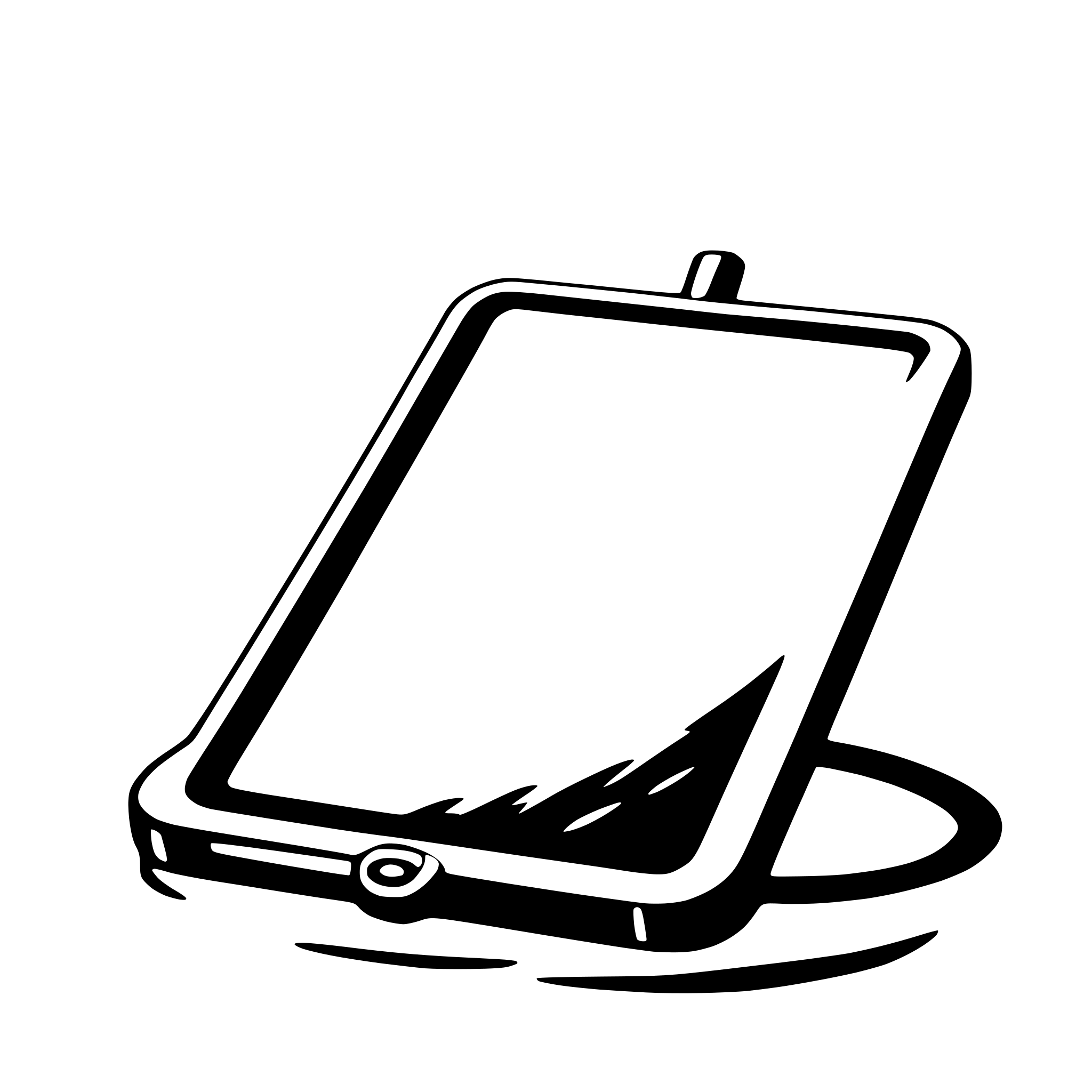 The SVG shows a stylized representation of a tablet with a screen and a stand. The tablet is depicted in a simplified, cartoon-like manner with a black outline and a white interior. The screen is blank, and the stand is shown in a simplified form, suggesting a minimalist or abstract design. The tablet is positioned on a surface, and there is a slight shadow beneath it, indicating a light source from above. The overall style is clean and modern, with a focus on geometric shapes and lines. 