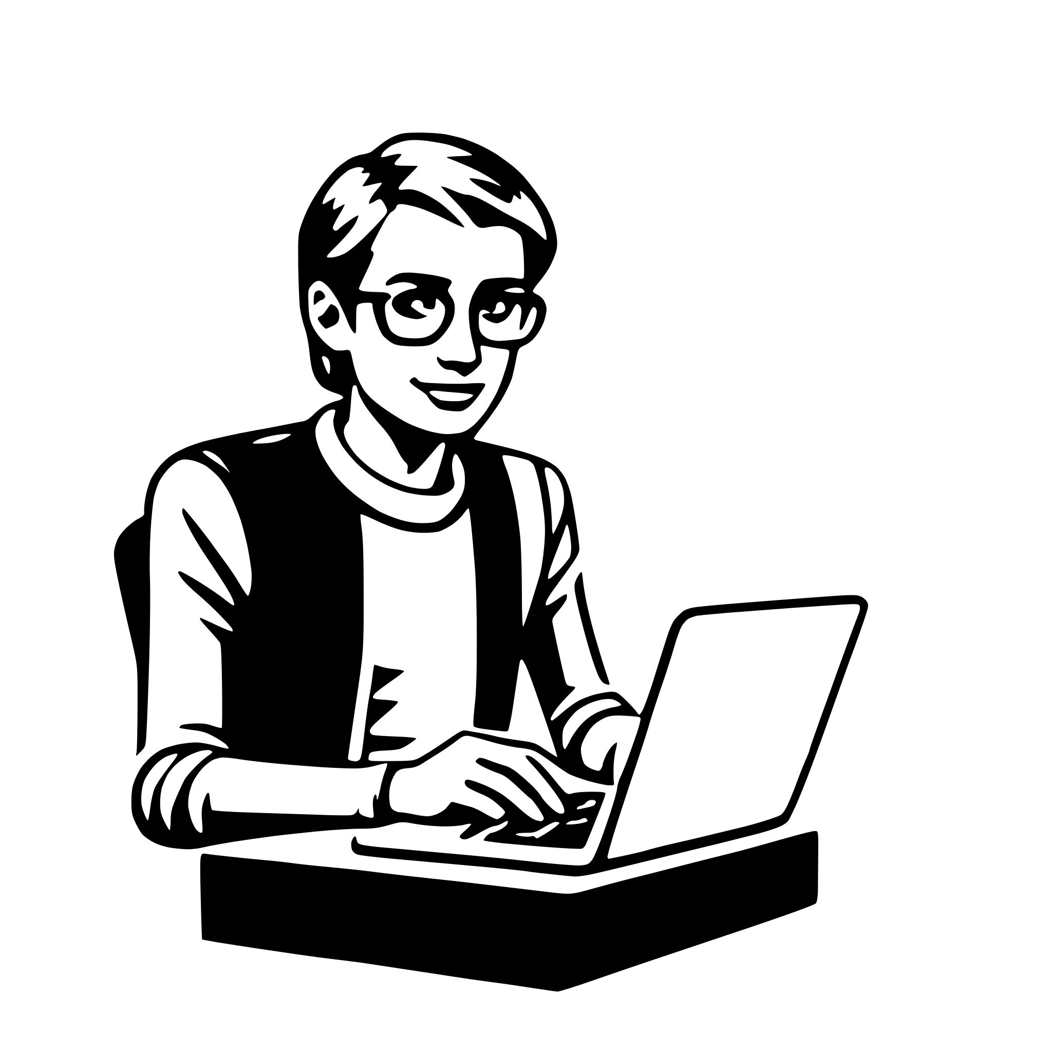 The SVG depicts a stylized, cartoon-like illustration of a person sitting at a desk and using a laptop. The person is wearing glasses, a vest, and a long-sleeved shirt. They are looking at the laptop screen with a smile on their face, suggesting a positive or engaged demeanor. The laptop is open and appears to be in use. The desk is simple and does not have any other items on it. The overall style is minimalistic and appears to be designed for a clean and modern aesthetic. 