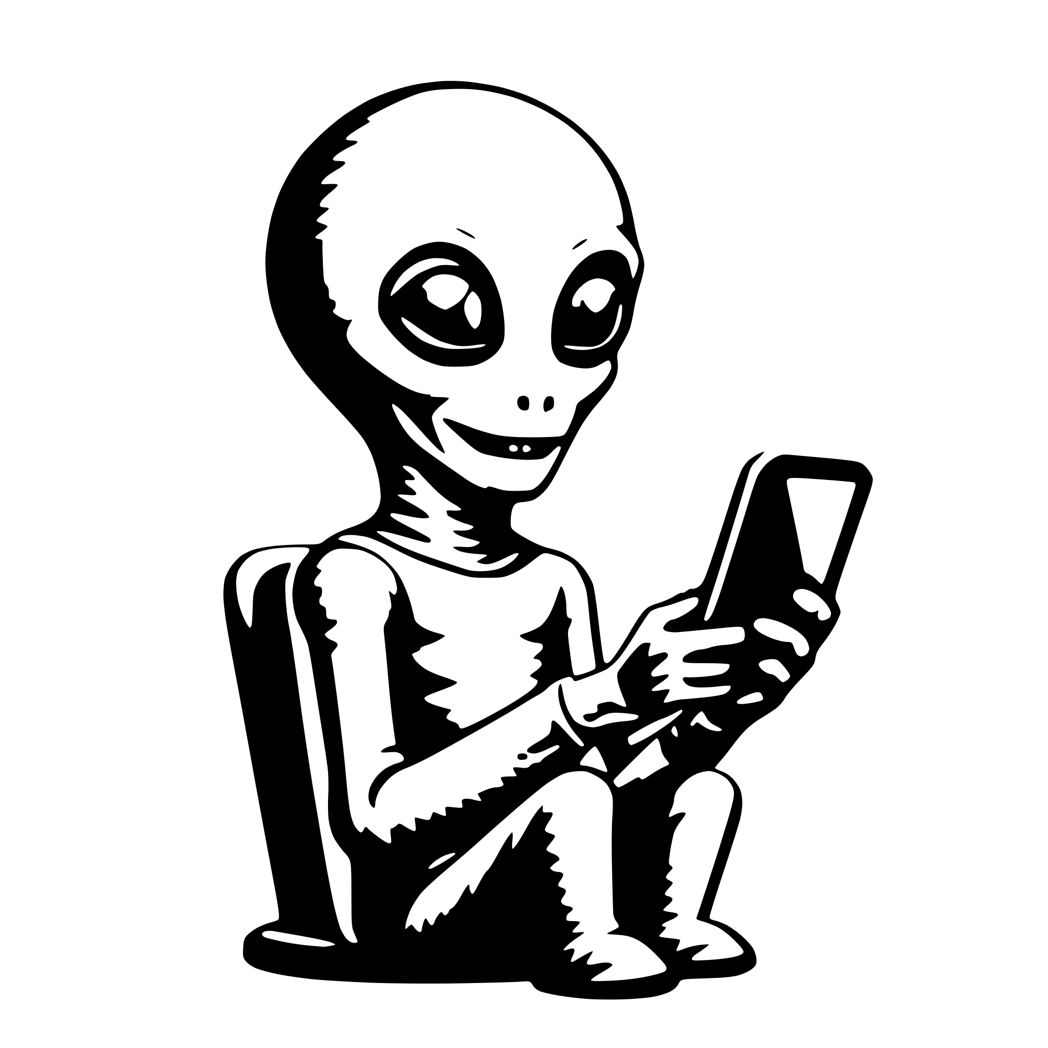 AI-generated SVG of 'friendly alien with smartphone'