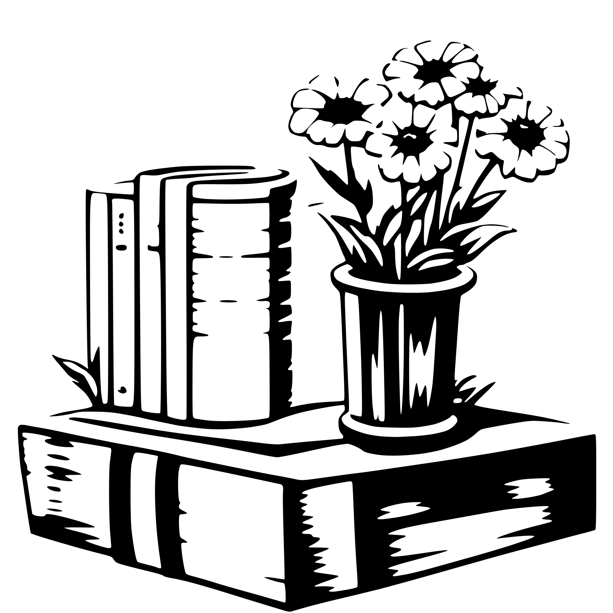 AI-generated SVG of a Eleven books  with visible spines and surrounding flowers