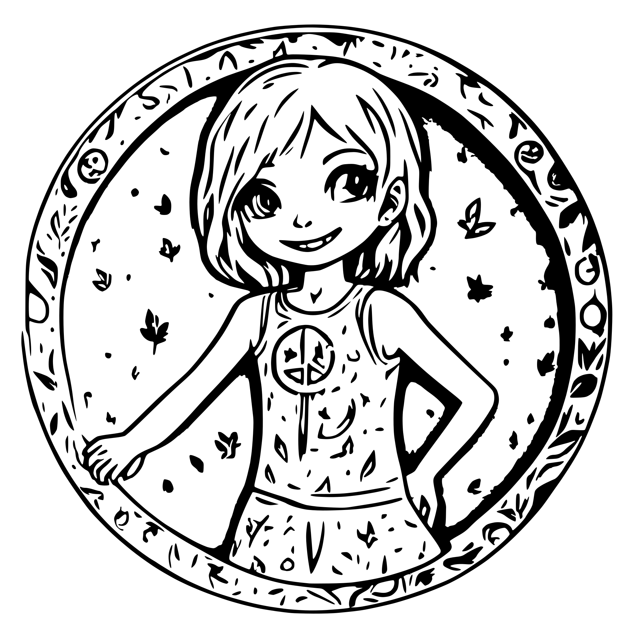 AI-generated SVG of a Cute smiling zombie girl encircled in a coin with stars and moon in the background. Wearing a tank top and showing peace sign with her hand. you can see her from head to knees