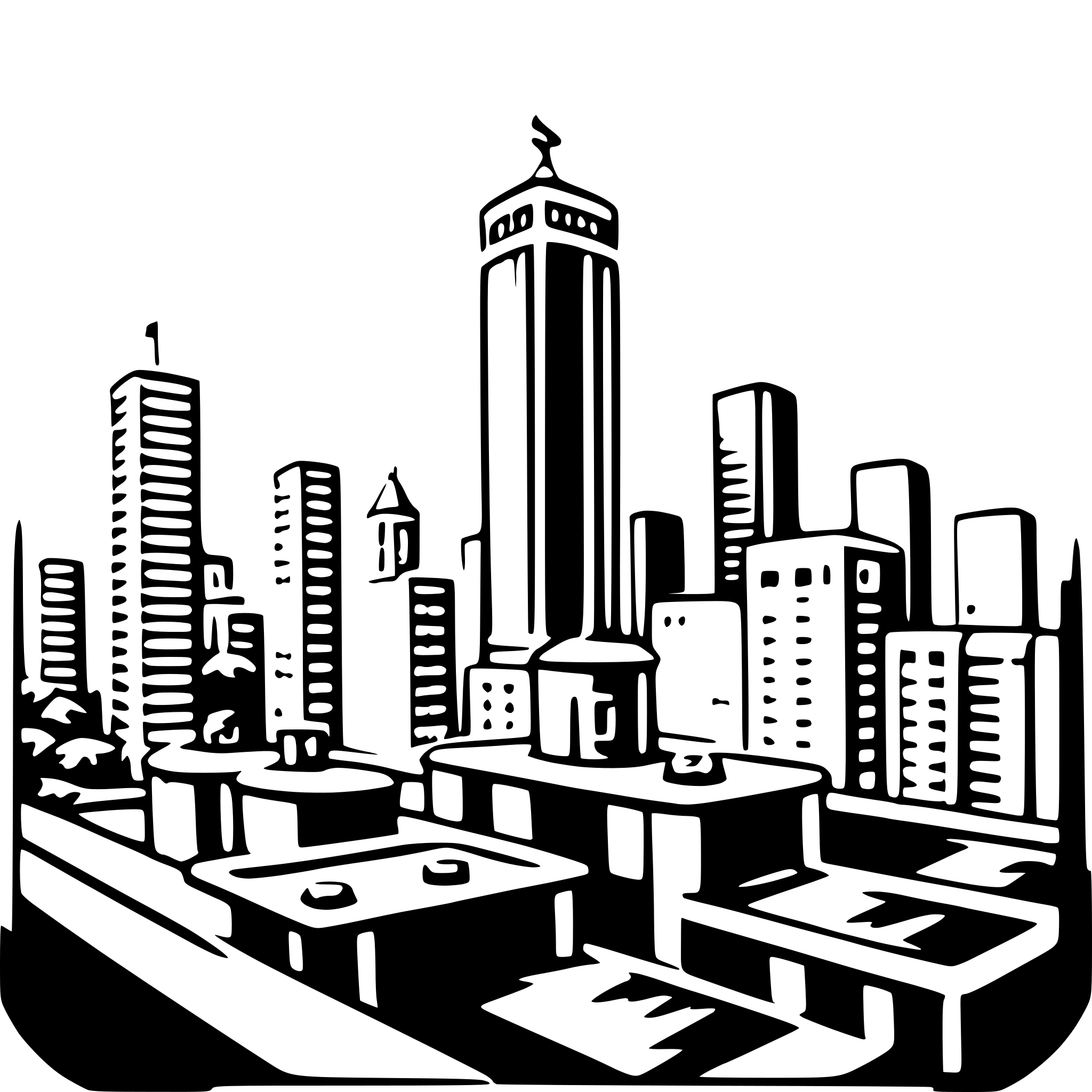 The SVG depicts a stylized cityscape with several buildings of varying heights. The tallest building is in the center and appears to be a skyscraper with a pointed top. To the left, there is a shorter building with a more rounded top, and to the right, there is a building with a flat roof. In the foreground, there are two smaller buildings with flat roofs, and a road or pathway is visible in front of the buildings. The SVG is drawn in a simple, line-art style with no shading or color, emphasizing the outlines and shapes of the buildings. The buildings are depicted in a way that suggests they are part of a larger urban environment, but the focus is on the central skyscraper. 