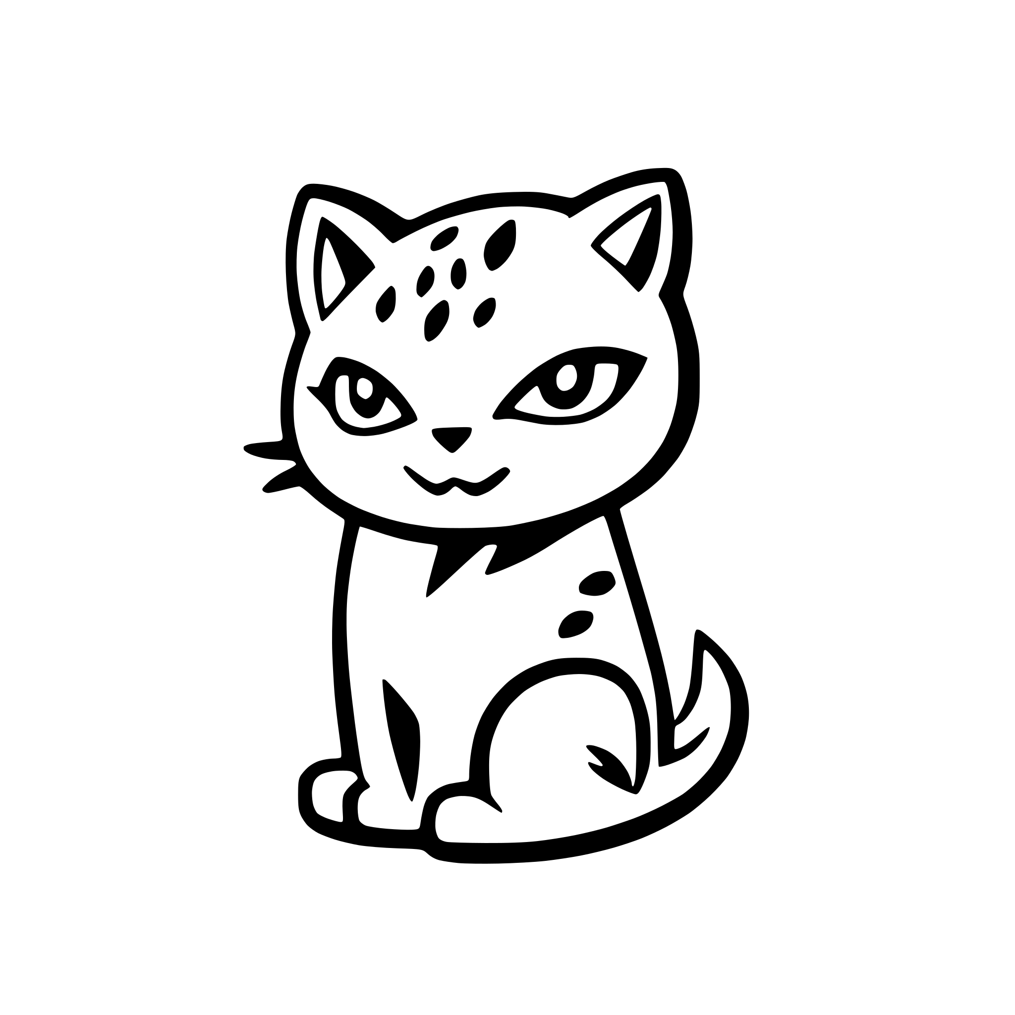 AI-generated SVG of a very cute leopard cat,  roar roar roar roar roar roar roar roar with  Pose to scratch, big dark black eyes, with Two significant long vertical lines on forehead, very very extremely simplified, snoopy like drawing, looking straight ahead