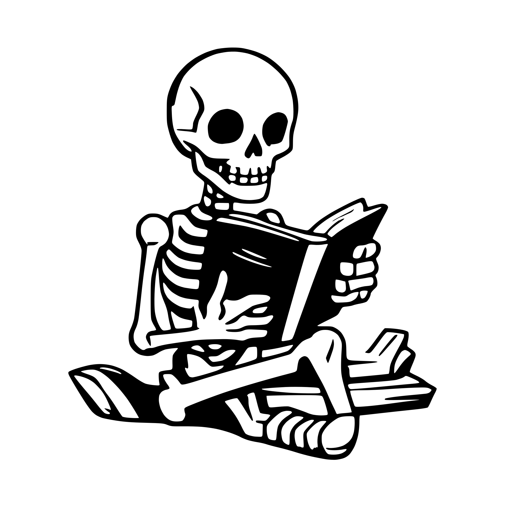 AI-generated SVG of 'skeleton reading a book'