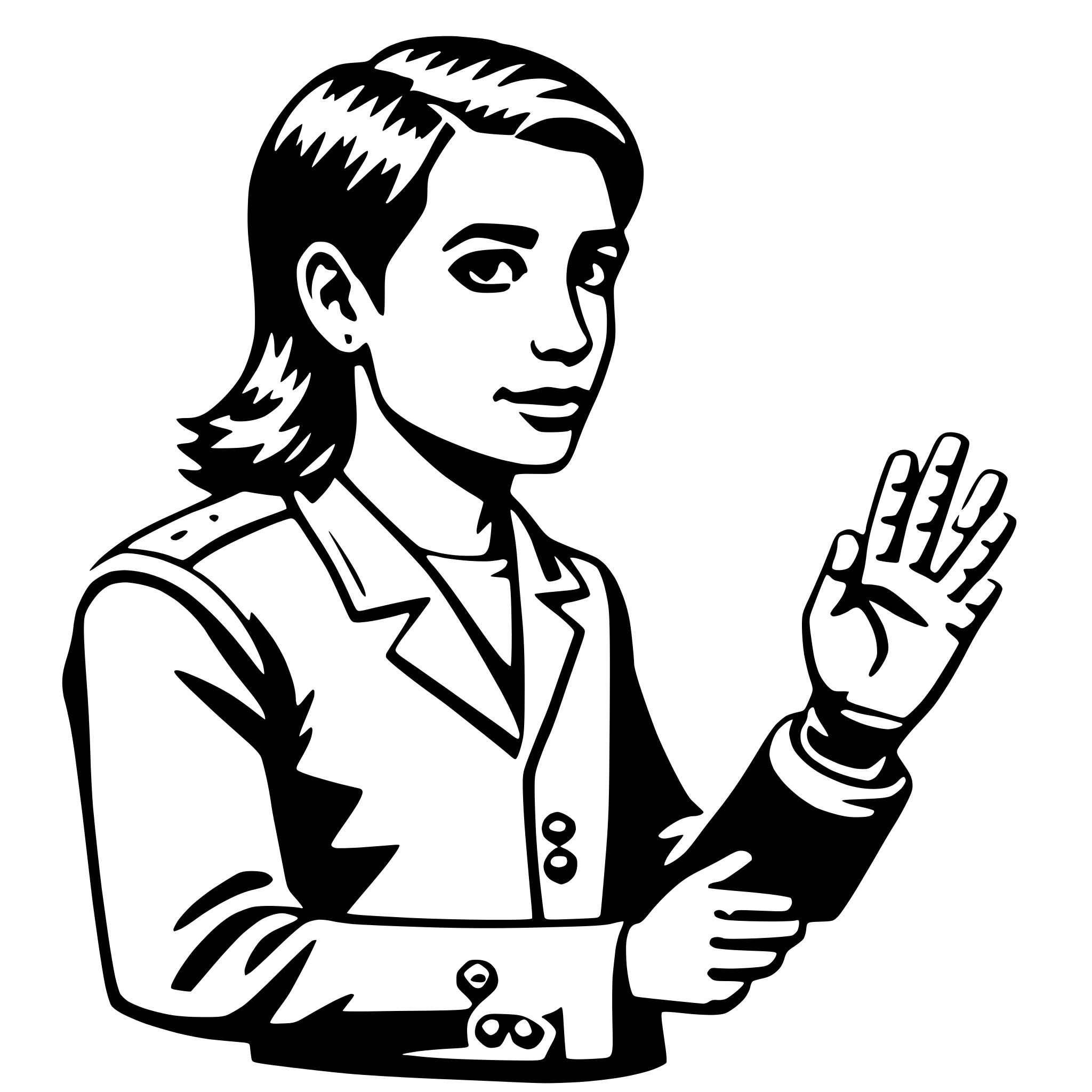 The SVG depicts a stylized illustration of a person with a hand raised in a gesture that could be interpreted as a wave or a stop signal. The person has short hair and is wearing a jacket with a collar and what appears to be a badge or emblem on the left side of the chest. The style is simplistic and cartoon-like, with bold outlines and minimal shading. The person's expression is neutral, and they are looking directly at the viewer. 