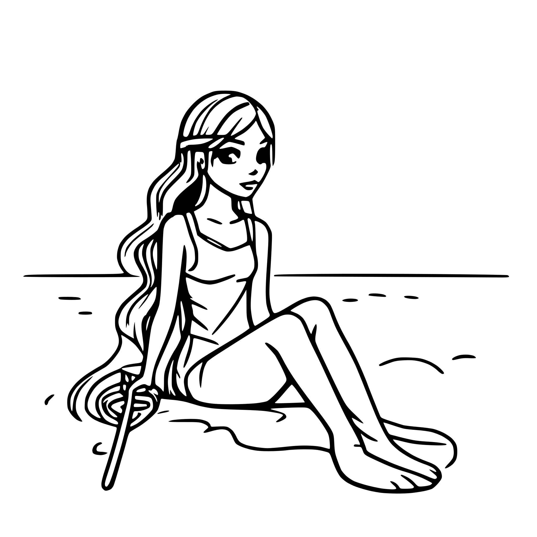 AI-generated SVG of a Mermaid drawing in the sand with a stick, lost in thought. No background, only character outlines.