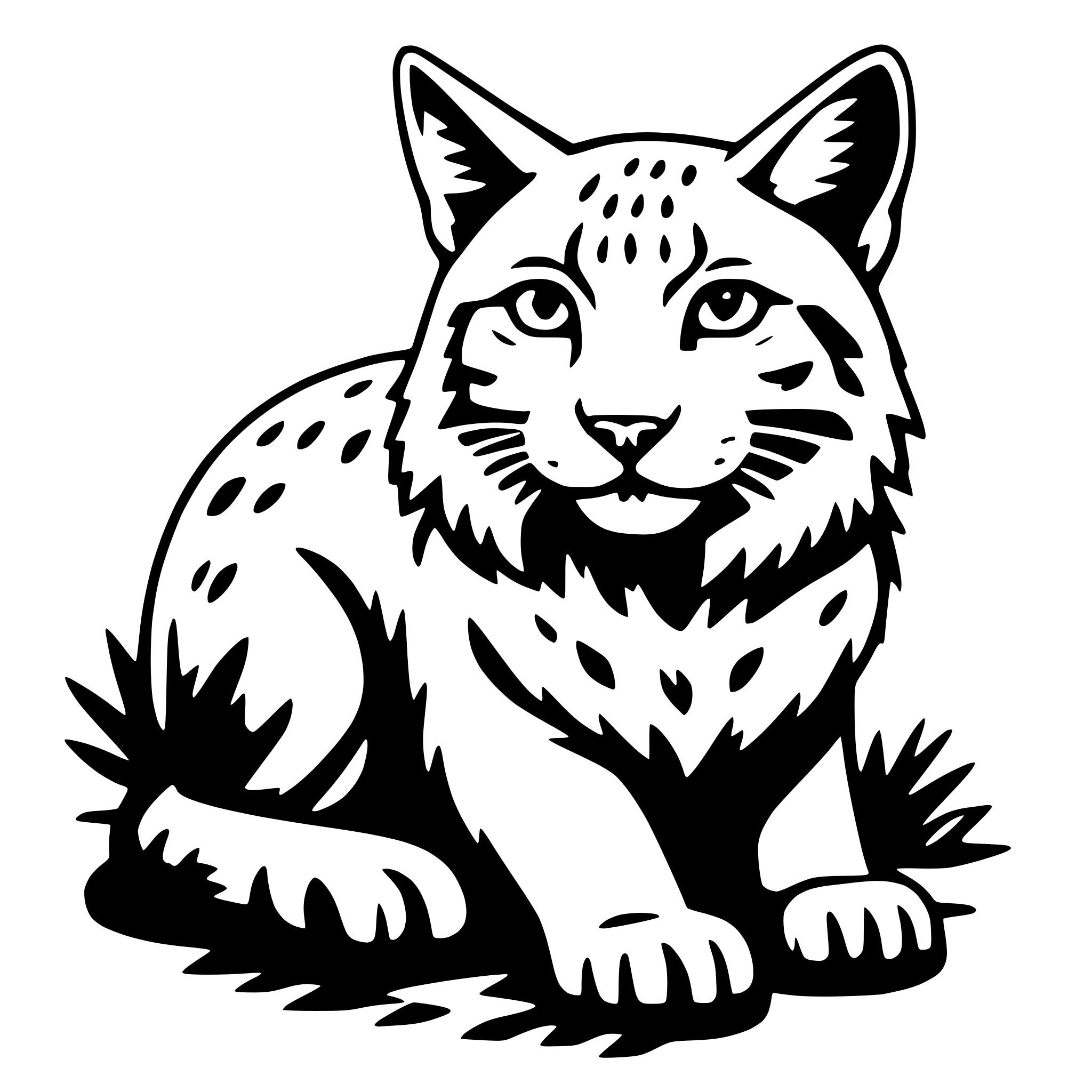The SVG depicts a stylized, cartoon-like depiction of a lynx. The lynx is sitting with its front paws extended forward and its hind legs tucked under its body. It has a round head with large, expressive eyes, and its ears are pointed upwards. The lynx's fur appears to be textured, with darker markings that suggest the natural pattern of a lynx's coat. The background is plain and does not interact with the lynx. The lynx is the central focus of the SVG, and there are no other objects or interactions depicted. 