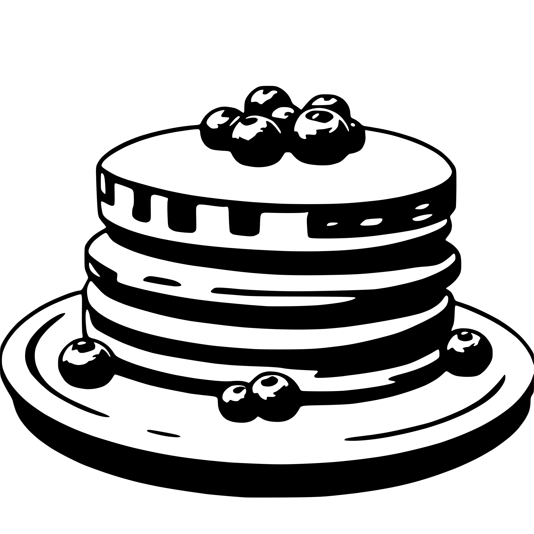 The SVG depicts a stylized, three-tiered cake with a flat top, adorned with what appear to be blackberries or cherries. The cake is placed on a simple, round plate with a raised edge. The illustration is in black and white, with the cake and berries in black against a white background. The style is minimalistic and cartoonish, with clean lines and a lack of intricate detail. The berries are evenly spaced around the top of the cake, and the cake itself has a smooth, uniform texture. The SVG does not depict any interaction between the objects; it is a static representation of a cake with berries. 