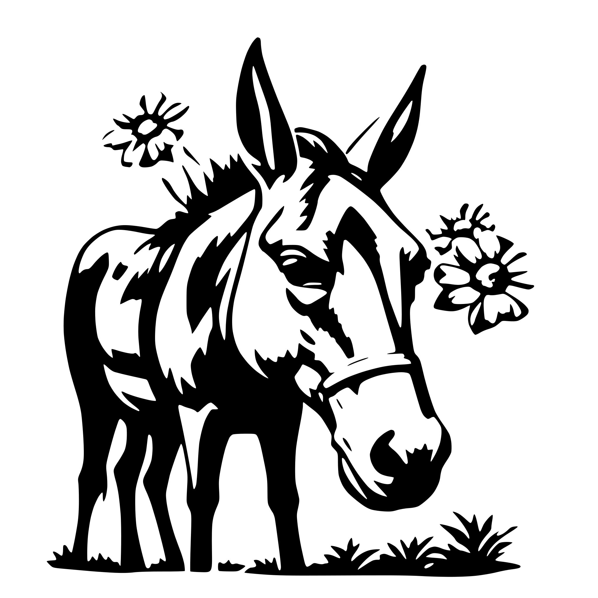 AI-generated SVG of 'Mule smelling flowers'