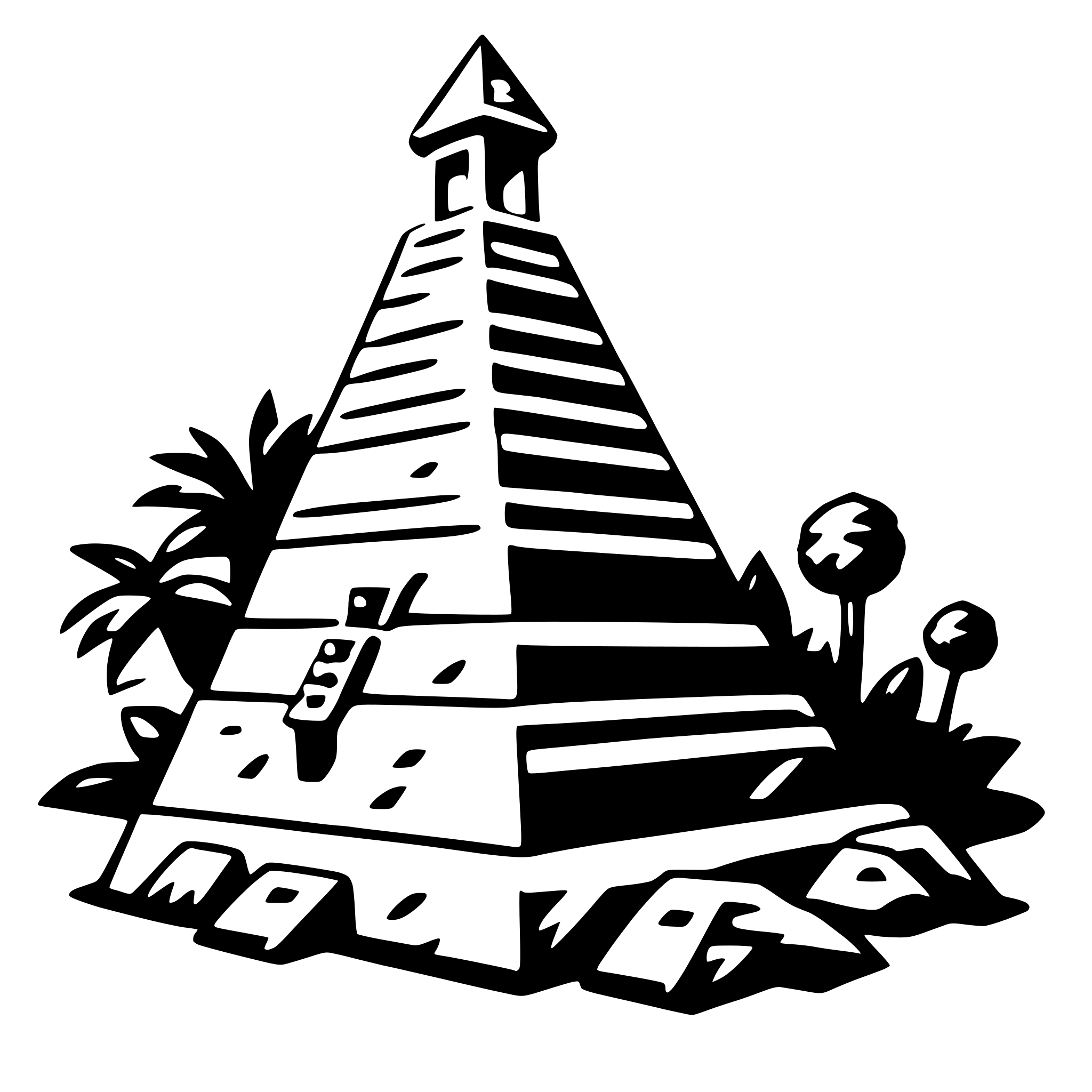 The SVG depicts a stylized pyramid with a temple-like structure on top, set against a backdrop of what appears to be a tropical landscape with palm trees and a few other plants. The pyramid is the central focus of the SVG, with the temple structure at the apex. The surrounding vegetation is arranged in a way that suggests a natural setting, possibly a jungle or a tropical garden. The pyramid and the temple structure are the main objects in the SVG, and their interaction is that the temple is part of the pyramid, with the pyramid serving as a base or foundation for the temple. The overall composition of the SVG suggests a theme of ancient architecture in a natural environment. 