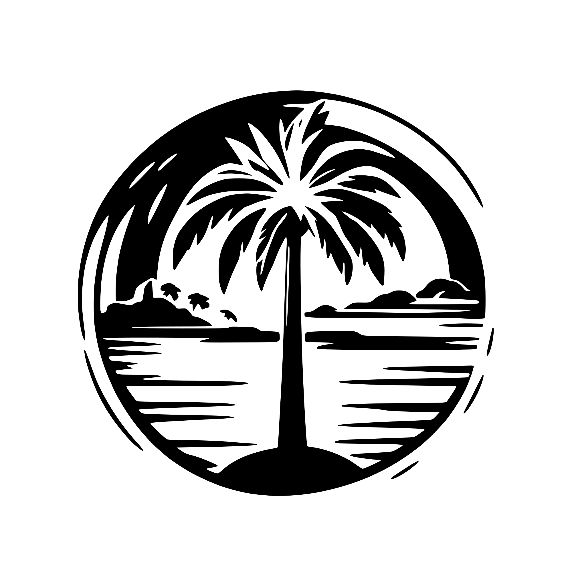 AI-generated SVG of a Vibrant beach scene with silhouetted palm tree and sun on small island