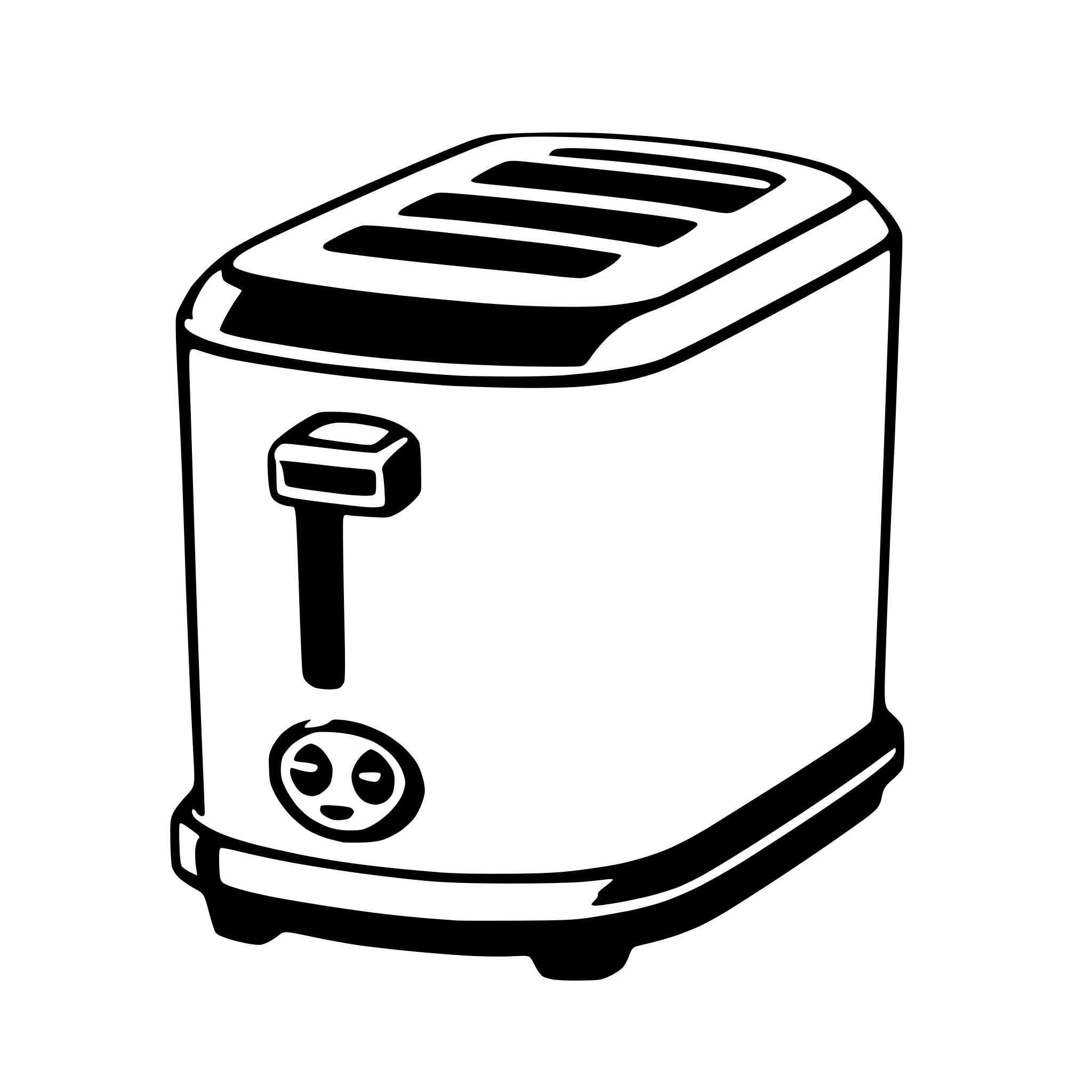 The SVG shows a simple, stylized illustration of a toaster. The toaster has a rectangular body with a flat top and a handle on the side. There is a lever on the front, which is typically used to lower the bread into the heating elements. The toaster is depicted with a single slot on the front, which is where the bread would be inserted. The illustration is minimalistic, with no additional details or text. 