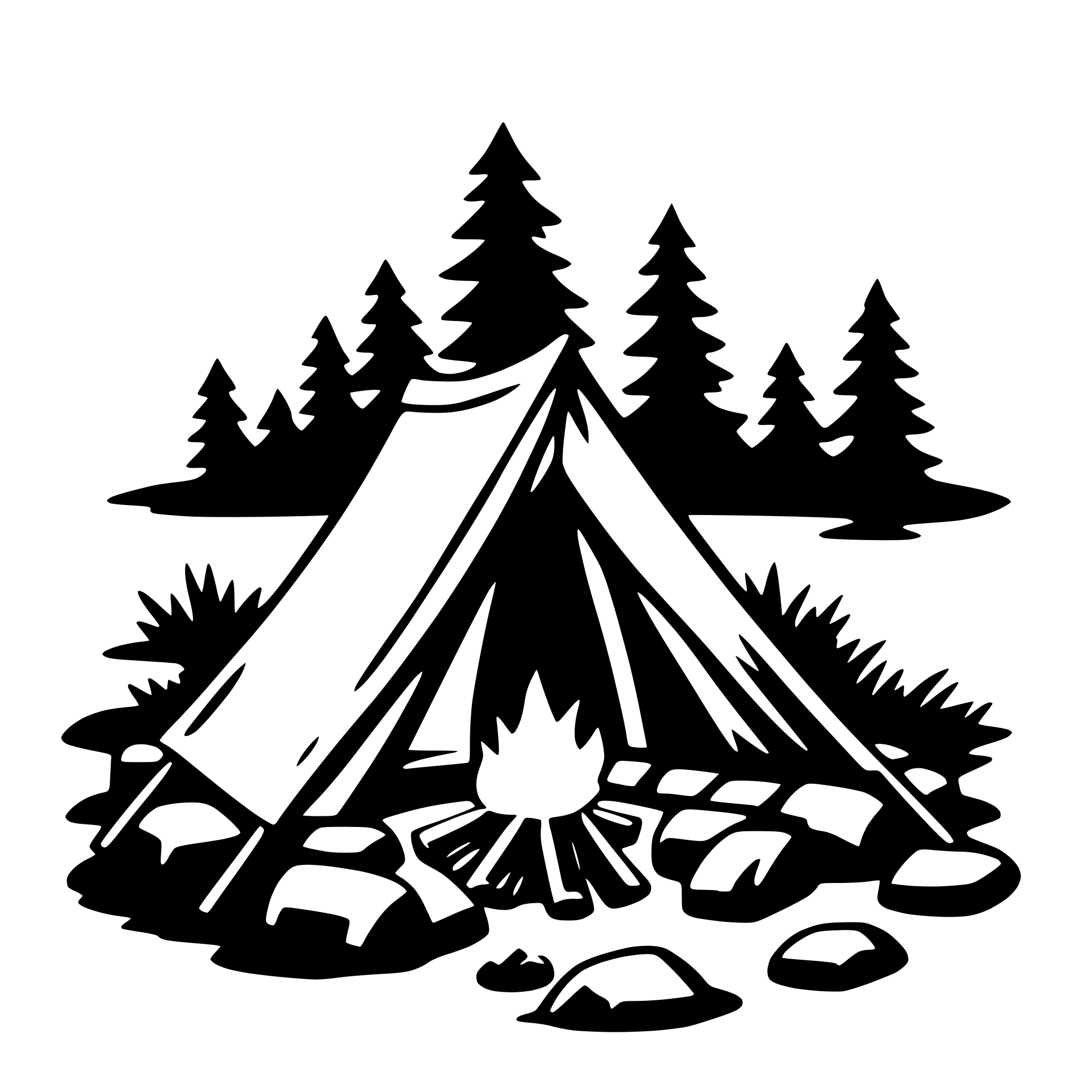 The SVG depicts a simple, stylized camping scene. At the center is a tent with a pointed roof, suggesting a traditional or teepee-style tent. In front of the tent, there is a small, open fire with flames and smoke rising from it. To the right of the fire, there is a pile of rocks, which could be used for cooking or as a support for the fire. The background features silhouettes of trees and what appears to be a body of water, indicating a natural, outdoor setting. The overall style is minimalistic and appears to be designed for a logo or icon, given its simplicity and lack of detail. 