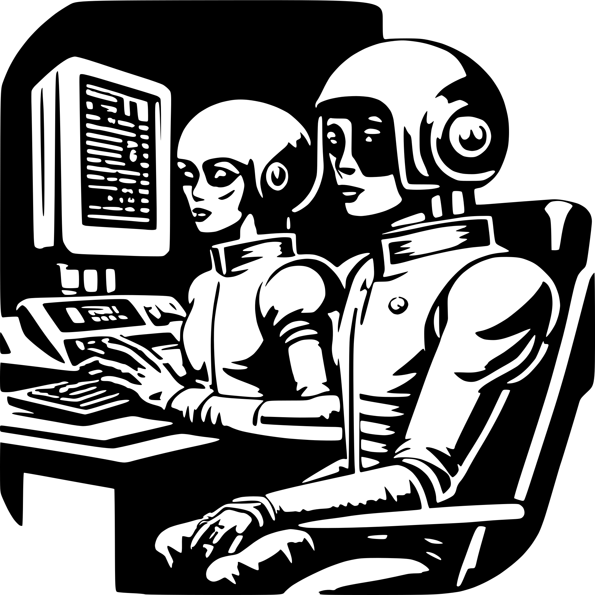 AI-generated SVG of a retro futuristic cyborgs using computers
