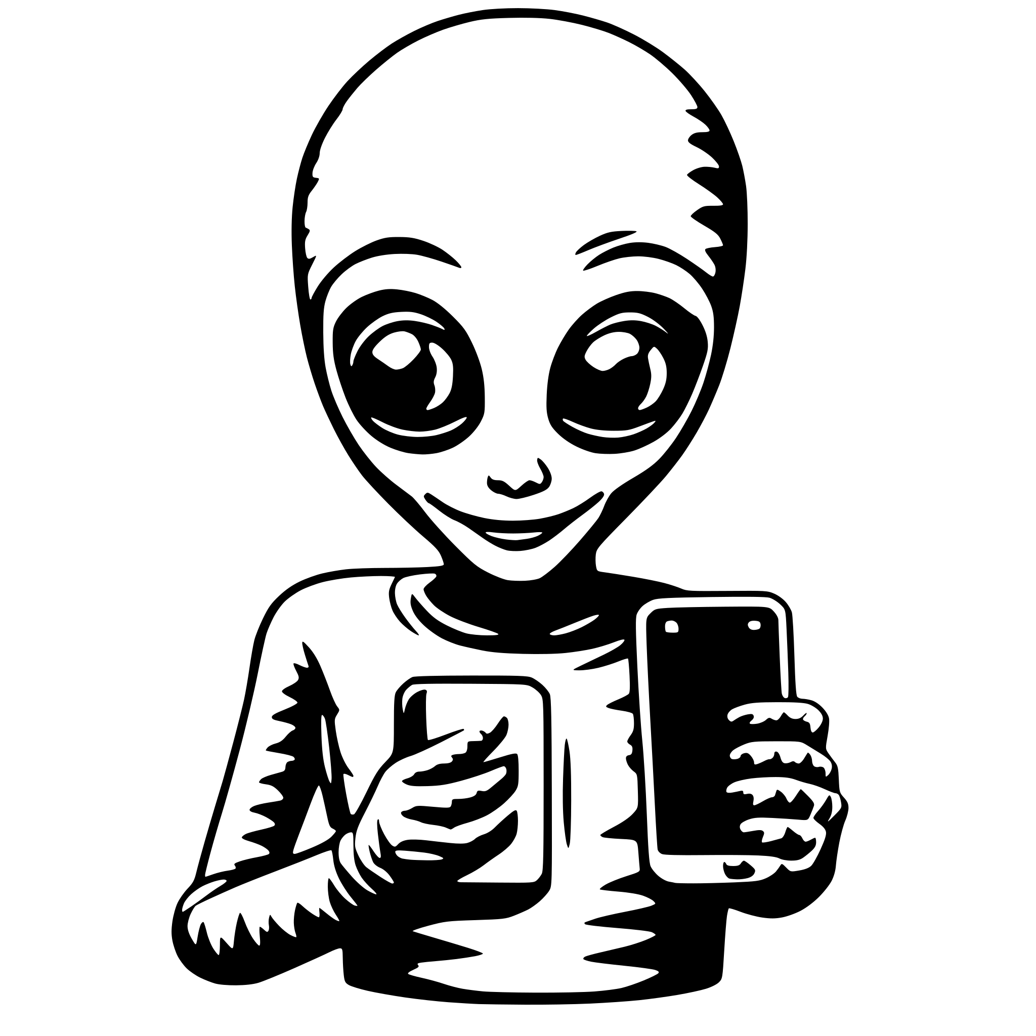 AI-generated SVG of a friendly alien with smartphone