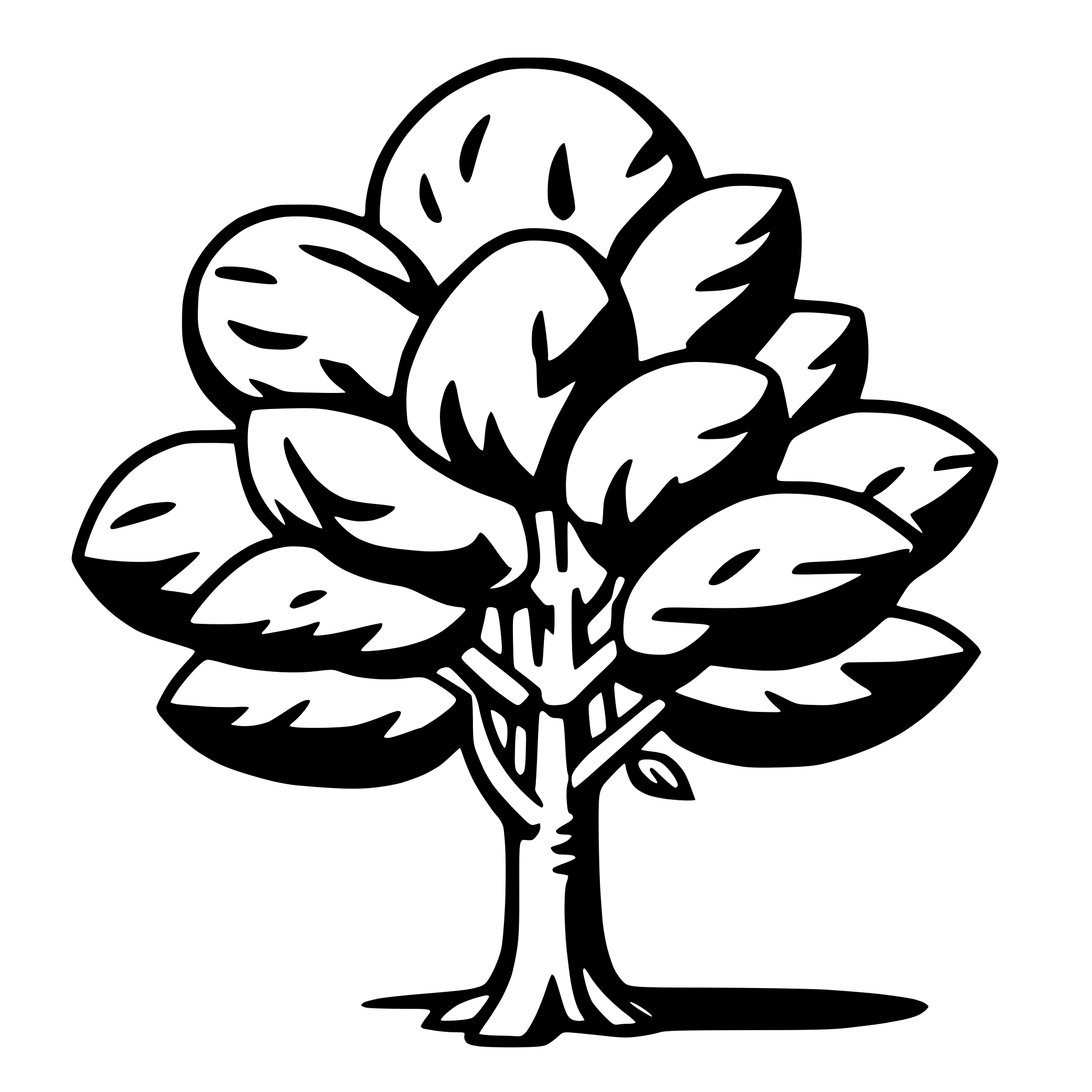 The SVG depicts a stylized tree with a simple, cartoon-like design. The tree has a rounded canopy with multiple leaf shapes, and a thin trunk with a small branch extending from it. The leaves are arranged in a symmetrical pattern around the trunk, creating a balanced and harmonious appearance. The tree is set against a plain background, which does not interact with the tree but serves to highlight its shape and form. The SVG is a vector graphic, which means it can be scaled up or down without losing quality. 
