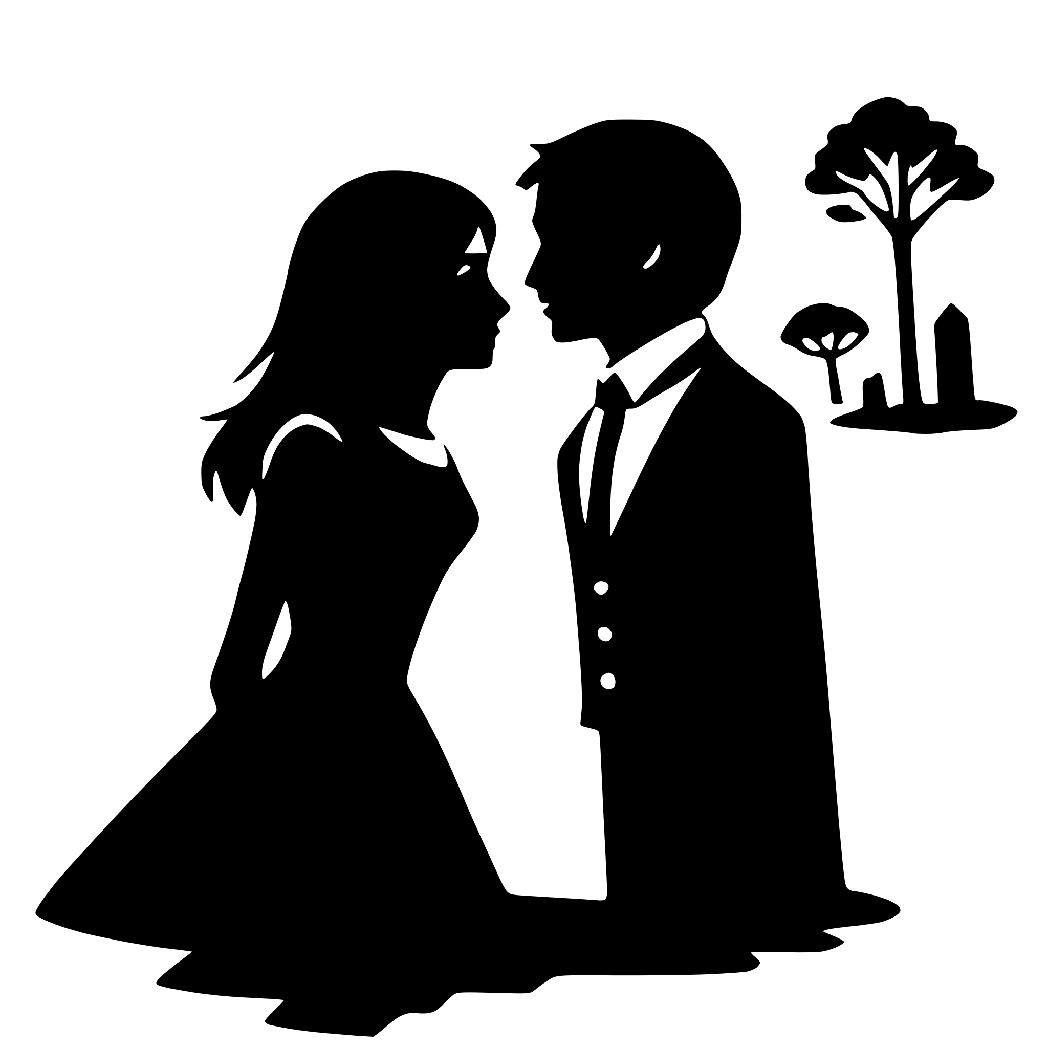 The SVG depicts a silhouette of a man and a woman in a close, intimate pose. The man is standing and the woman is sitting, both facing each other. They are positioned in front of a tree and a building, suggesting an urban setting. The man is wearing a tie, indicating a formal or professional attire, while the woman is wearing a dress, which could imply a formal or special occasion. The interaction between the two figures suggests a moment of connection or conversation. 
