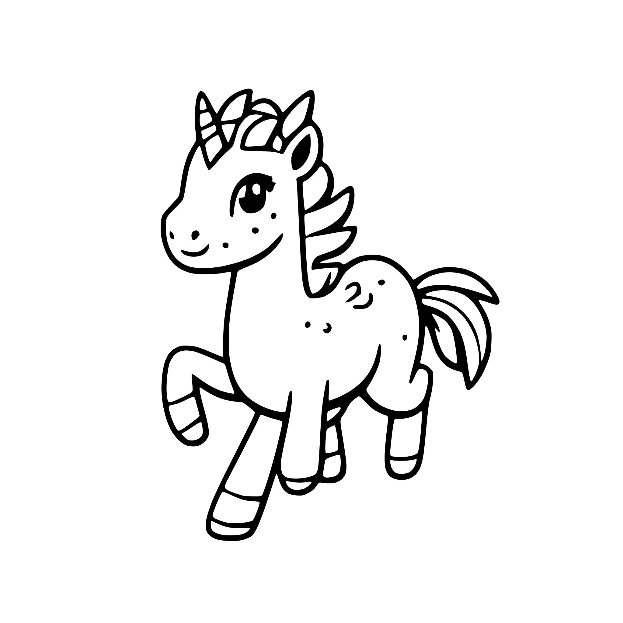 AI-generated SVG of a a rainbow-colored unicorn dancing on clouds