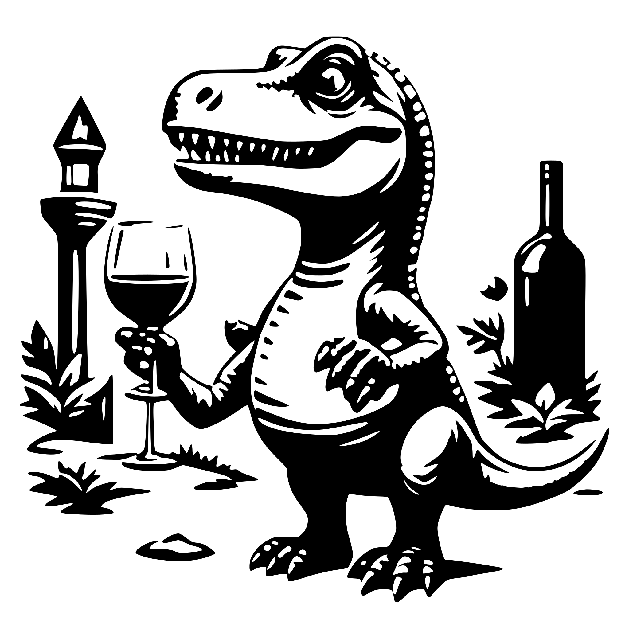 AI-generated SVG of a dinosaur with a glss of wine in the hand