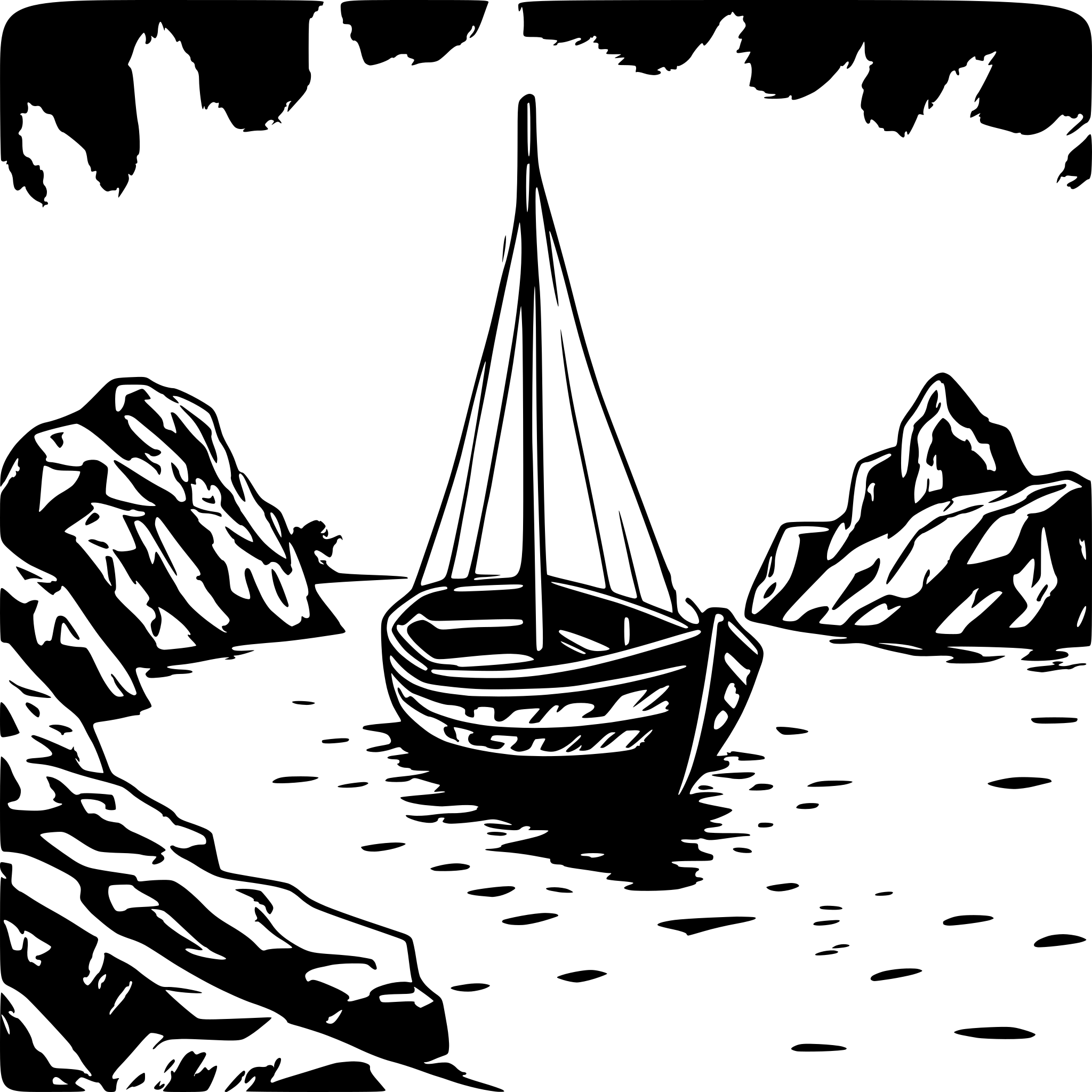 AI-generated SVG of a A dramatic chiaroscuro black and white line art drawing, reminiscent of Gustave Doré, depicting a weathered wooden sailboat navigating under a turbulent, cloud-filled sky.  The central focus is a majestic, arched stone bridge, its intricate details meticulously rendered in sharp, contrasting lines, creating a sense of depth and age. The boat, a small fishing vessel with tattered sails, is positioned slightly off-center, emphasizing the imposing archway.  The clouds are dynamic, swirling masses o