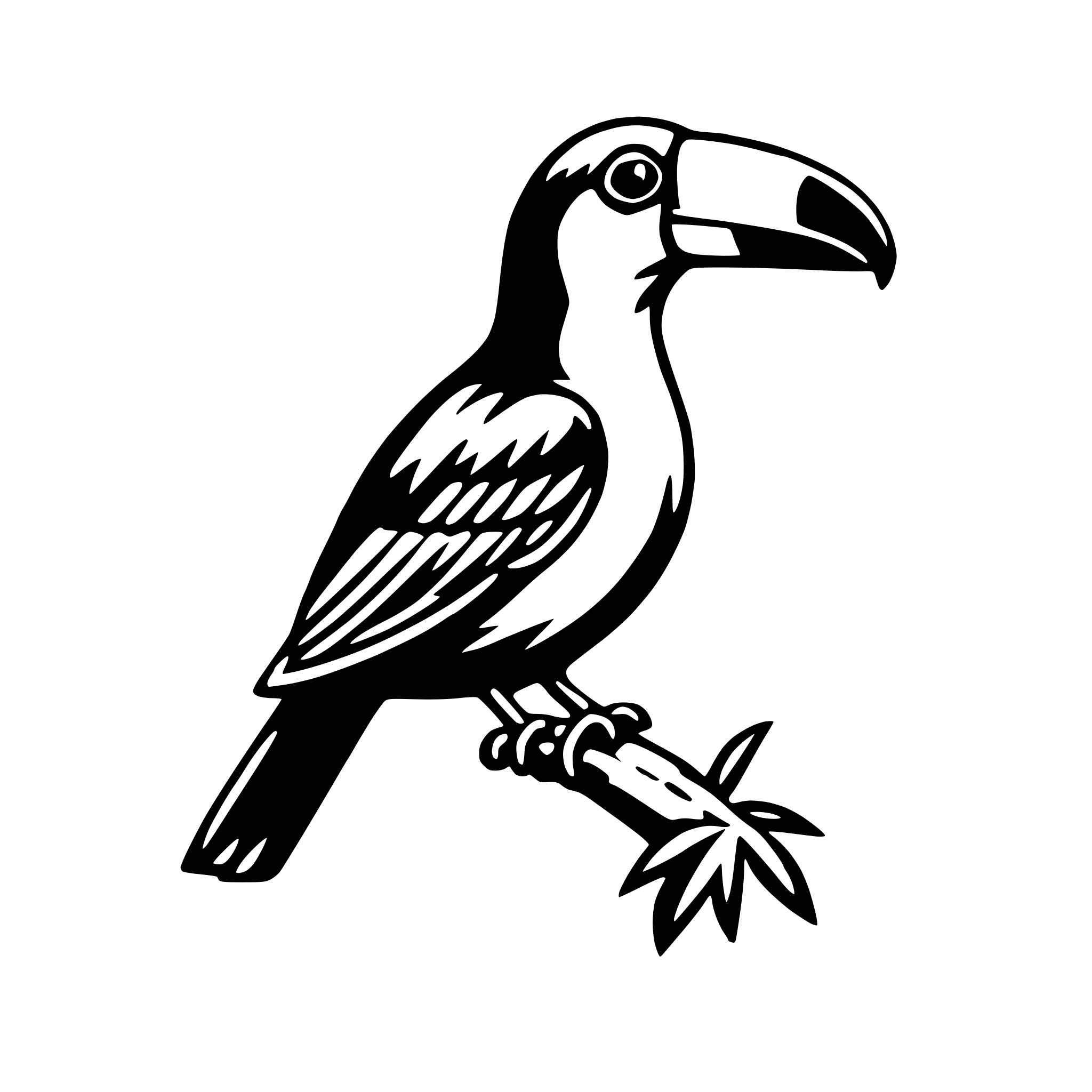 The SVG depicts a stylized black and white illustration of a toucan. The toucan is standing on a branch with its feet gripping the wood. It has a large, curved beak, a prominent crest on its head, and a pattern of feathers on its body. The illustration is simple and uses solid black lines against a white background. 