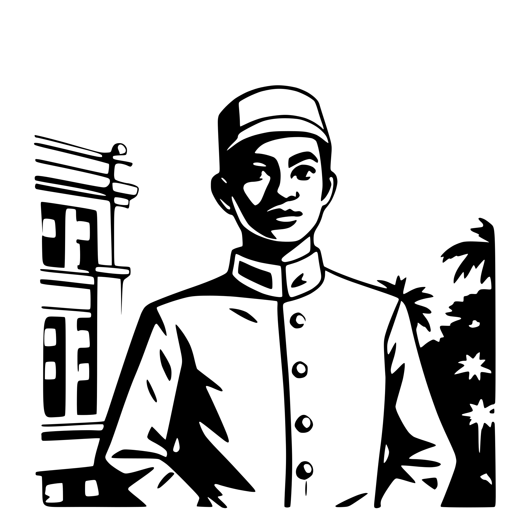 AI-generated SVG of a Portrait of Ir Soekarno, wearing traditional Javanese clothing, standing with enthusiasm in the city of Surabaya in the early 1900s, the setting of the city is colonial times.