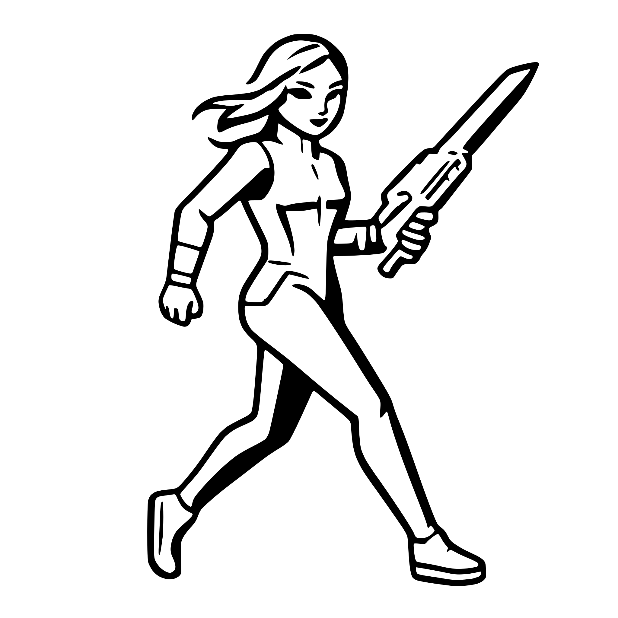 AI-generated SVG of a woman in a futuristic grey jumpsuit running with a futuristic weapon