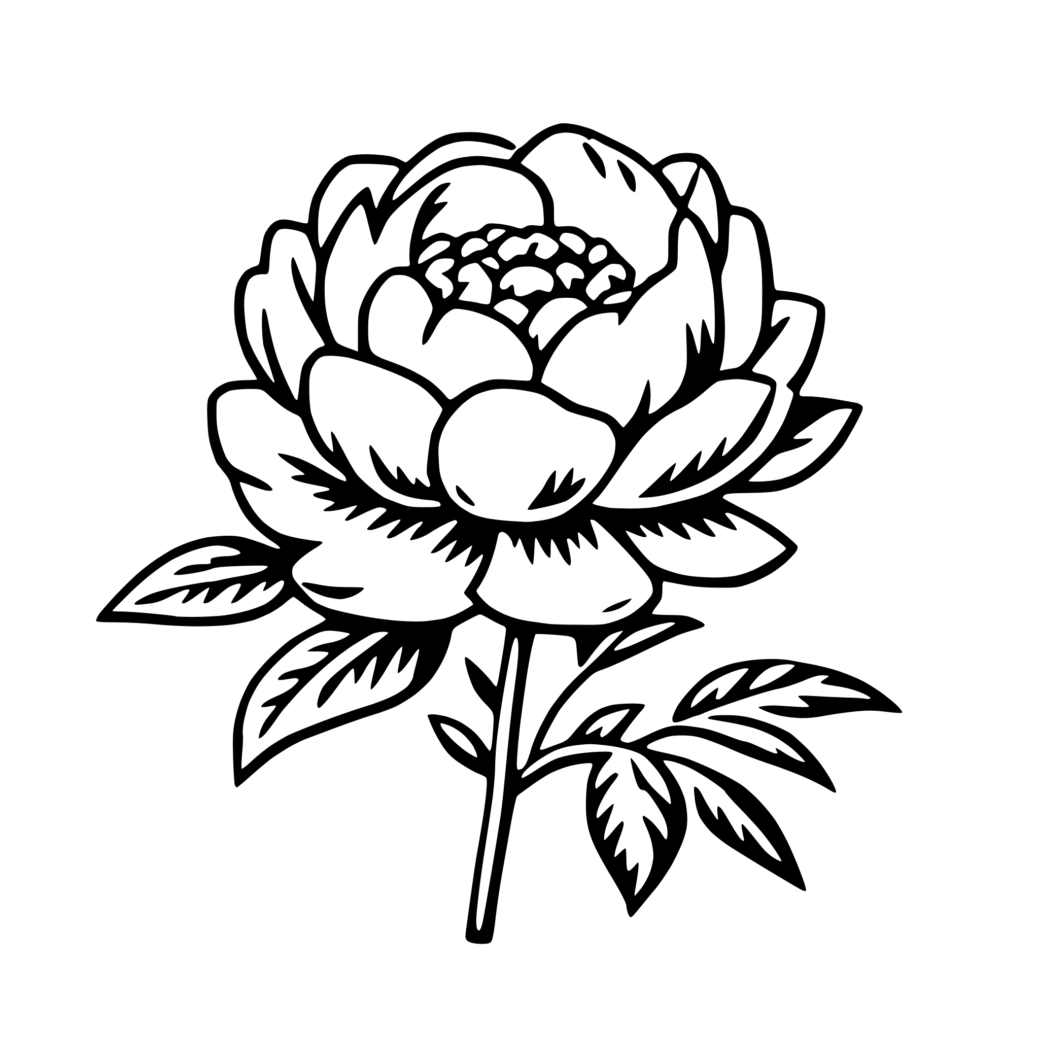 The SVG depicts a stylized black and white illustration of a flower with a full bloom. The flower has a central cluster of petals that radiate outward, and it is surrounded by a series of elongated, pointed leaves. The stem of the flower is thin and extends upward from the base of the leaves. The overall style is simple and graphic, with clean lines and a lack of shading or texture. The SVG does not contain any text or additional elements. 