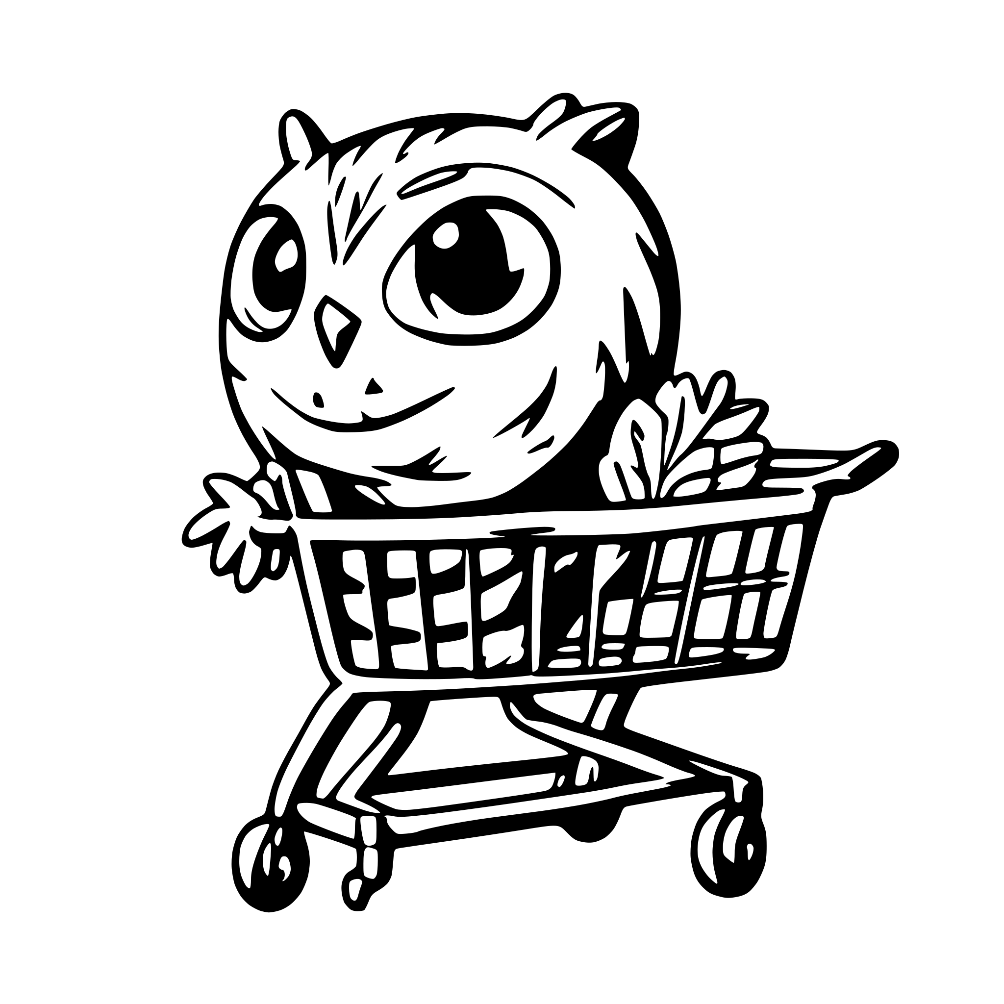 AI-generated SVG of a happy owl pushing a shopping cart, colorful cartoon style