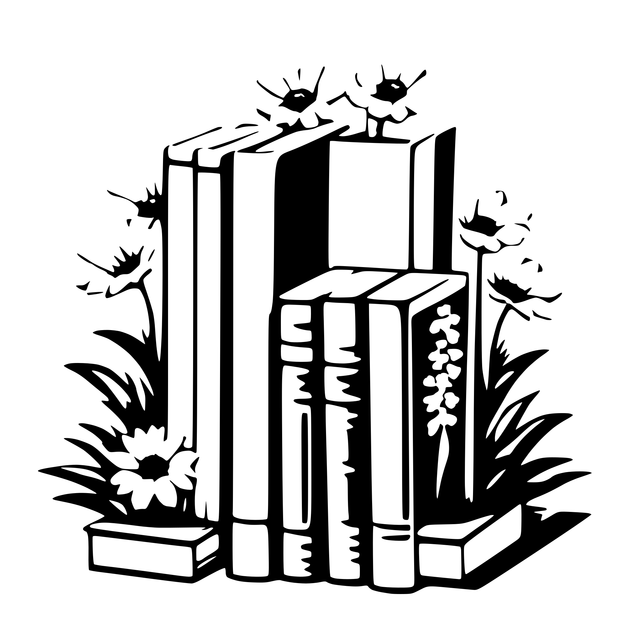 AI-generated SVG of a Eleven books  with visible spines and surrounding flowers
