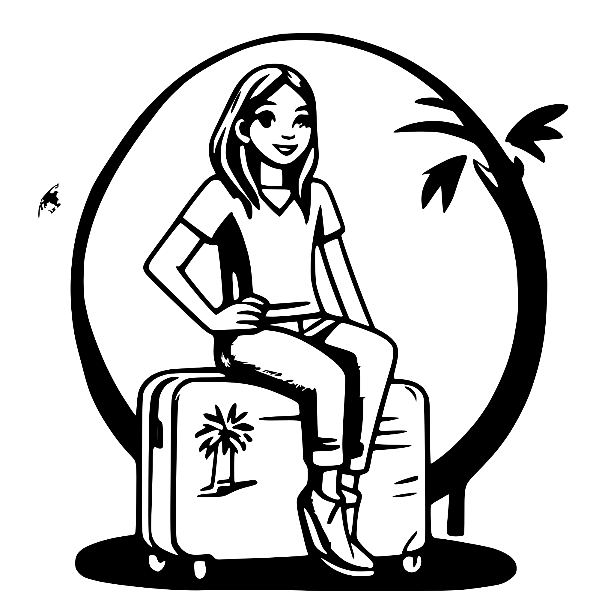 AI-generated SVG of a Flat vector illustration of a young woman sitting on stacked travel suitcases, smiling and pointing forward. She wears an orange top and blue jeans. A palm tree and airplane icon float in the background, with soft circular shapes and travel-themed icons around. The background is white with soft shadows. Modern, friendly, minimal style. No text. Use vibrant yet soft colors. Ideal for a travel website hero section