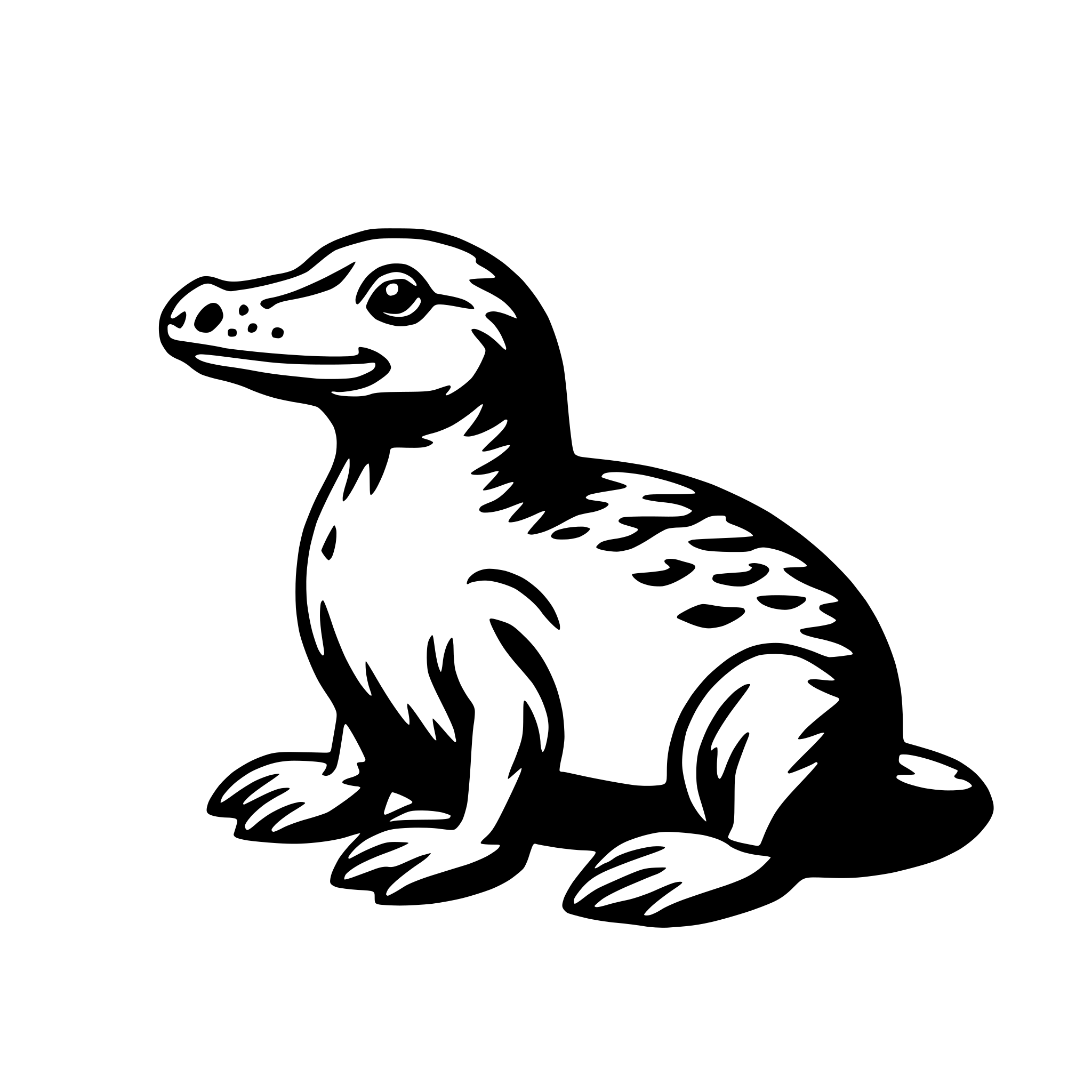 The SVG shows a stylized, cartoon-like depiction of a seal. The seal is sitting upright on its hind legs, with its front paws extended forward. It has a round head with a small snout, large eyes, and a simple, smiling mouth. The seal's body is elongated with a series of darker spots or markings along its back. The tail is short and curved, ending in a small tuft. The seal appears to be facing the viewer directly. The style is minimalistic and uses solid black lines against a white background. 