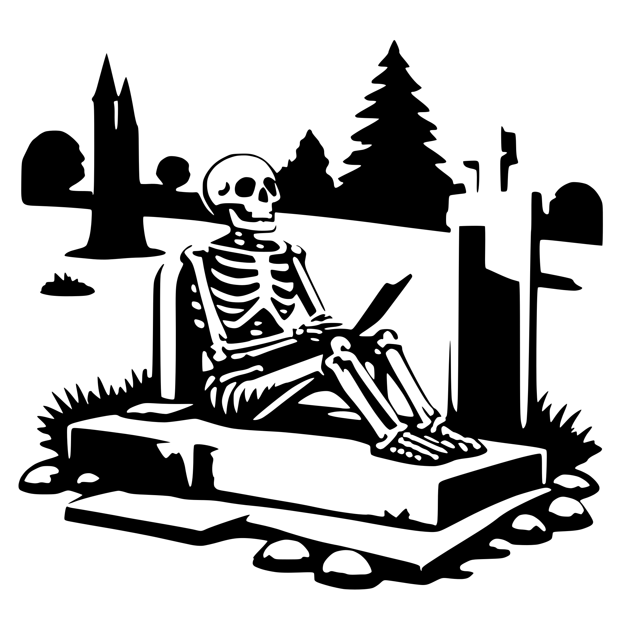 AI-generated SVG of a a skeleton sitting on a christian grave and reading AI-generated SVG of a a skeleton sitting on a christian grave and reading