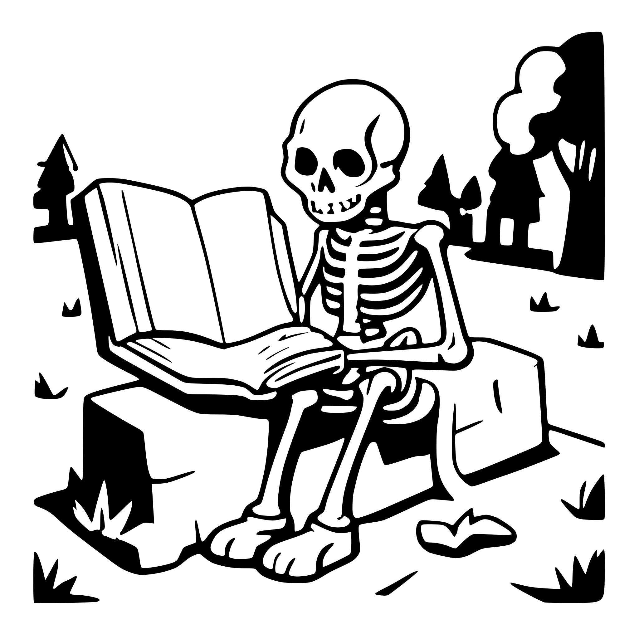 AI-generated SVG of a a skeleton on a cemetery reading a big book