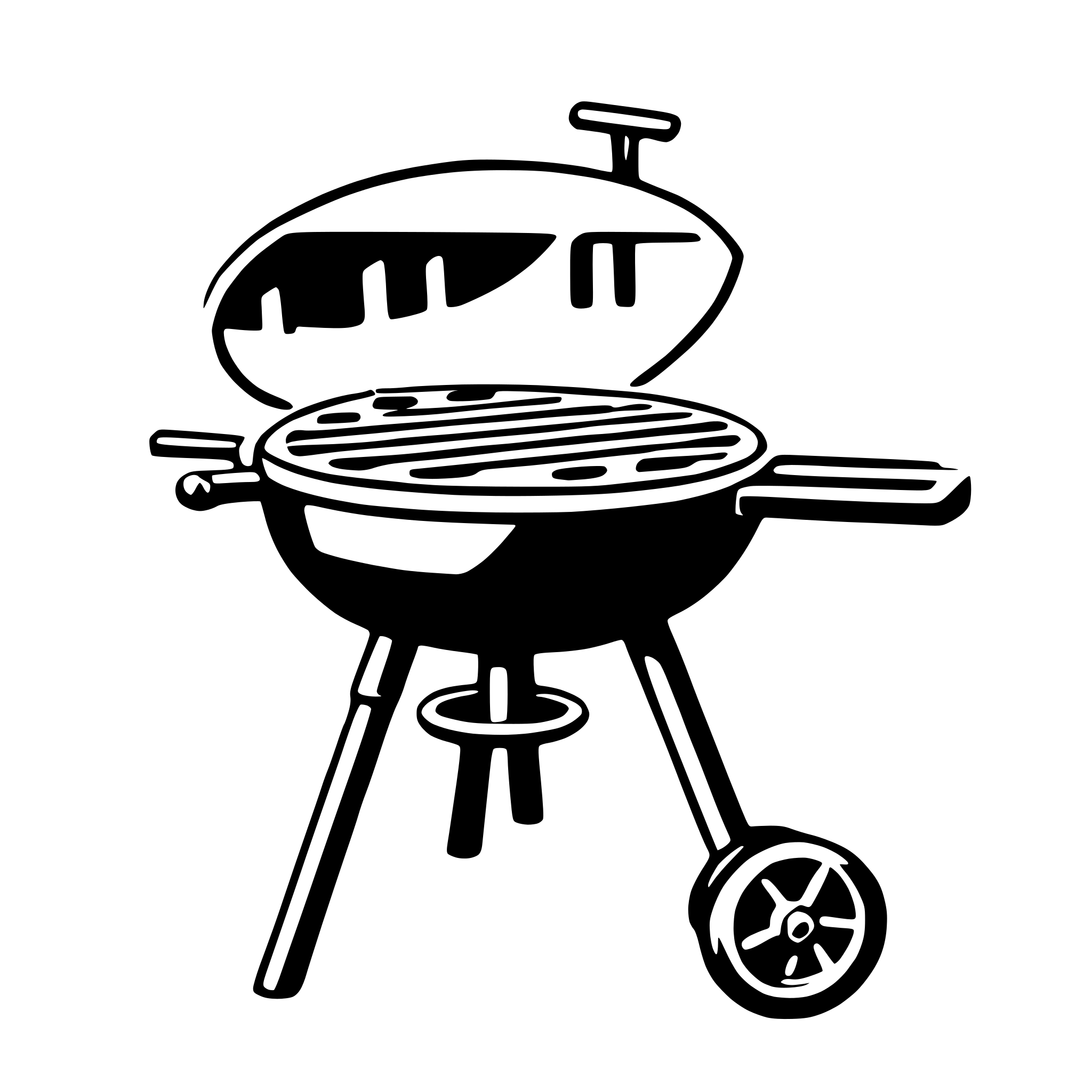 The SVG depicts a simple, stylized illustration of a barbecue grill. The grill has a prominent lid with a handle on top, and the body of the grill features a series of grates for cooking. The grill is supported by two legs and has a wheel on one side, suggesting it can be moved. The design is minimalistic, with no additional details or text. The grill is the central object in the SVG, and there is no interaction between objects as it is a standalone item. 