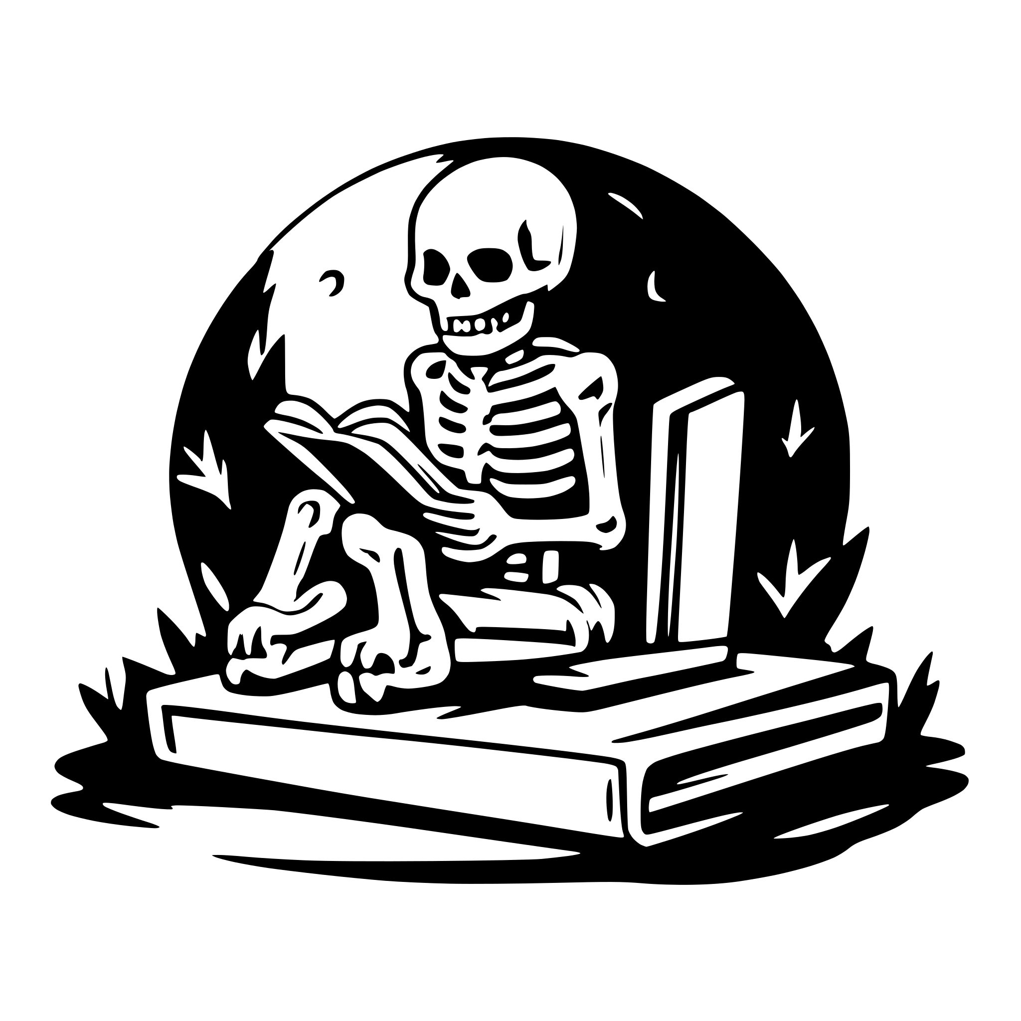 AI-generated SVG of a a skeleton sitting on a grave an reading