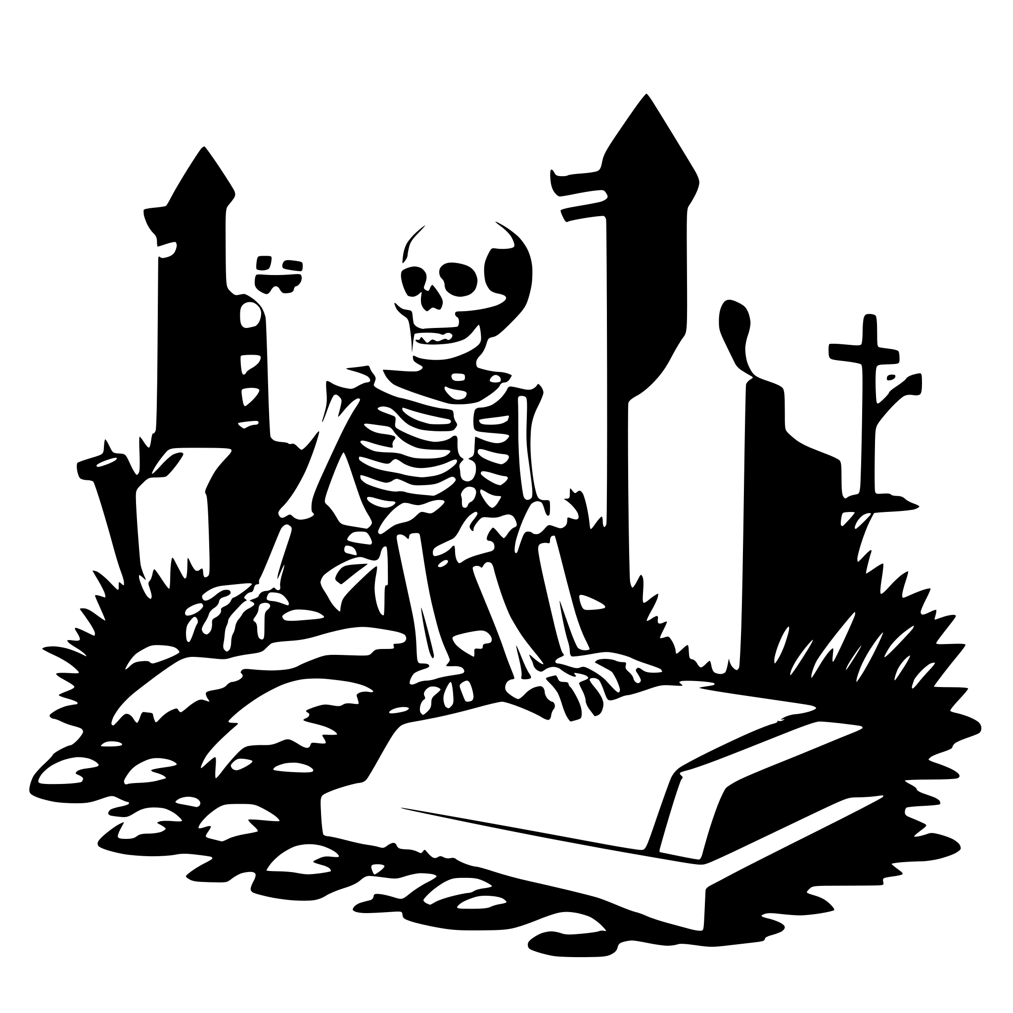 AI-generated SVG of a a skeleton climbs out of a grave with a book in his hand