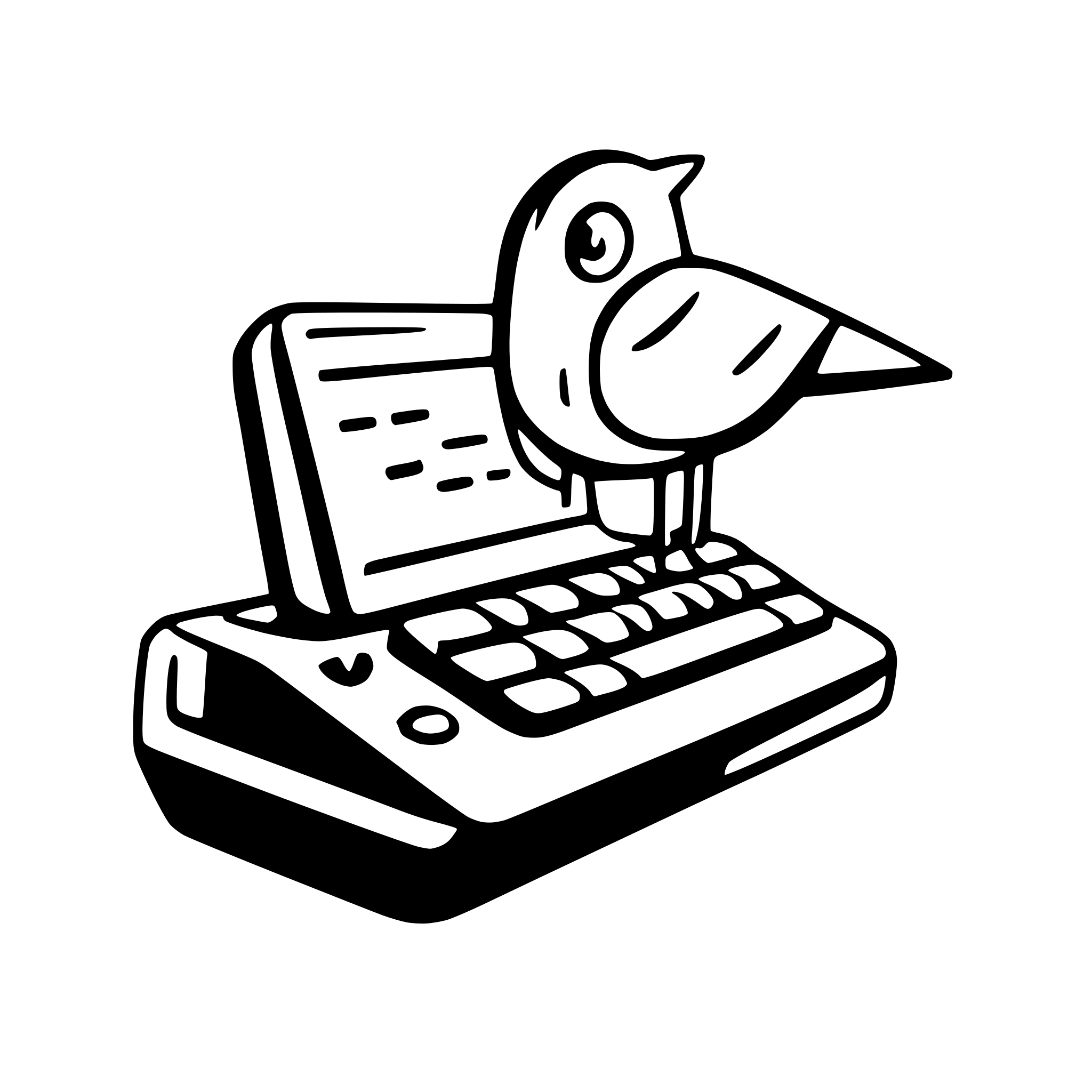 AI-generated SVG of a Simple bird-outline bot typing on a floating terminal, modern UI, clean lines, white background.