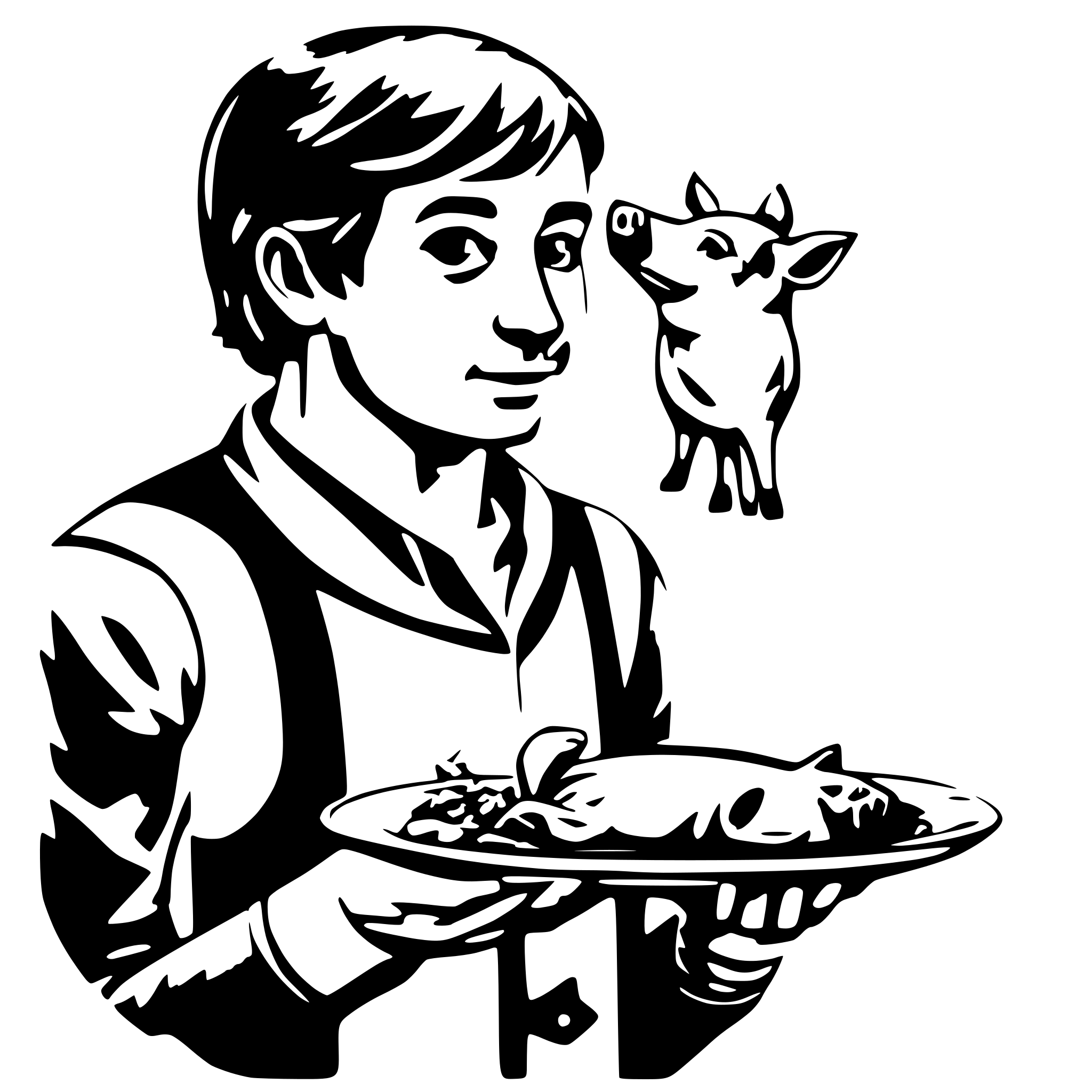 AI-generated SVG of a a man withe a very pig body small head holding a plate off food