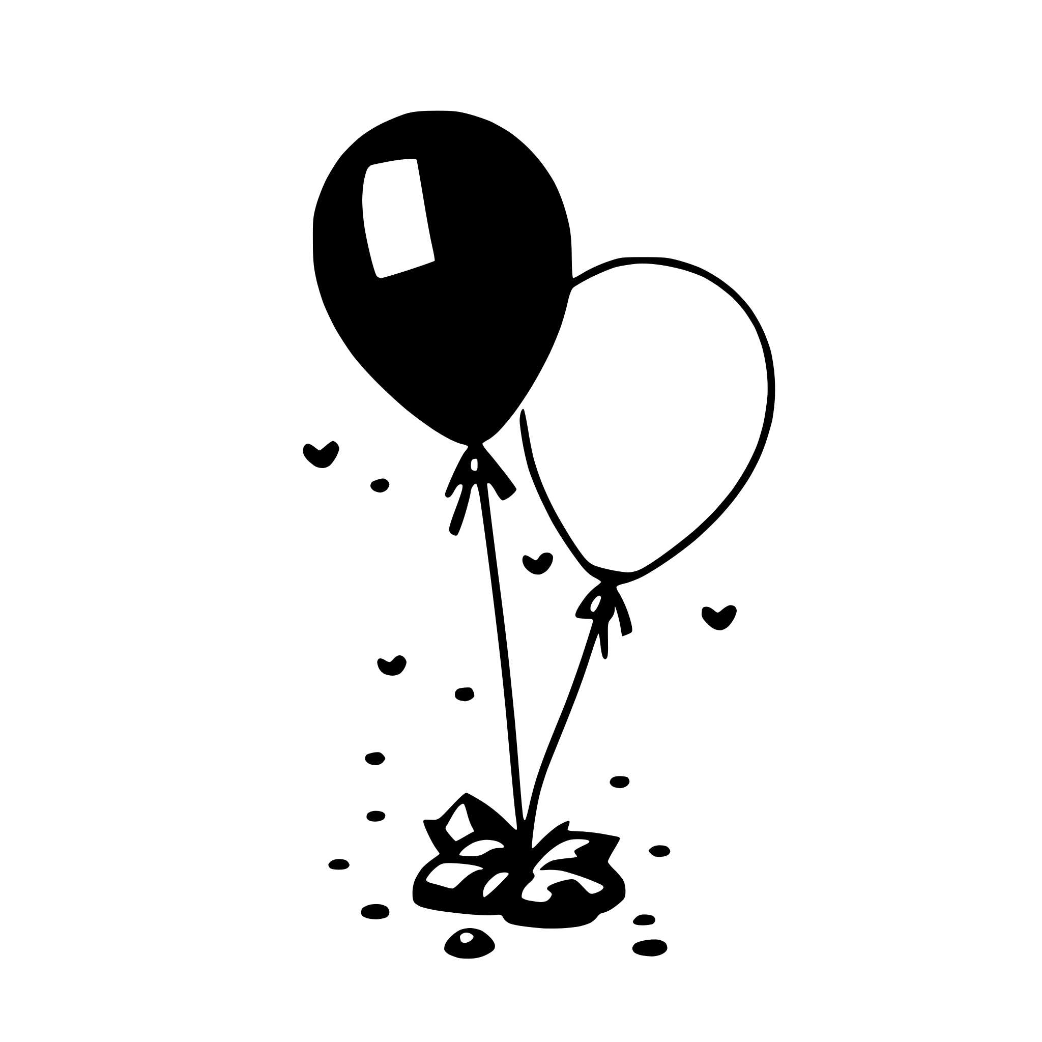The SVG depicts a black balloon with a white heart-shaped design on its side, attached to a string. The balloon is floating above a ground that appears to be covered with small, irregularly shaped rocks or pebbles. The balloon is connected to the ground by the string, which is also black. The balloon is the central object in the SVG, and it is the only object that is floating. The ground is the only solid surface in the SVG, and it is the only object that is not floating. The balloon and the ground are the only two objects in the SVG. The balloon is above the ground, and the ground is below the balloon. The balloon is connected to the ground by the string, which is attached to the balloon and the ground. The balloon is not touching the ground, but it is connected to it by the string. The balloon is not touching any other object in the SVG. The balloon