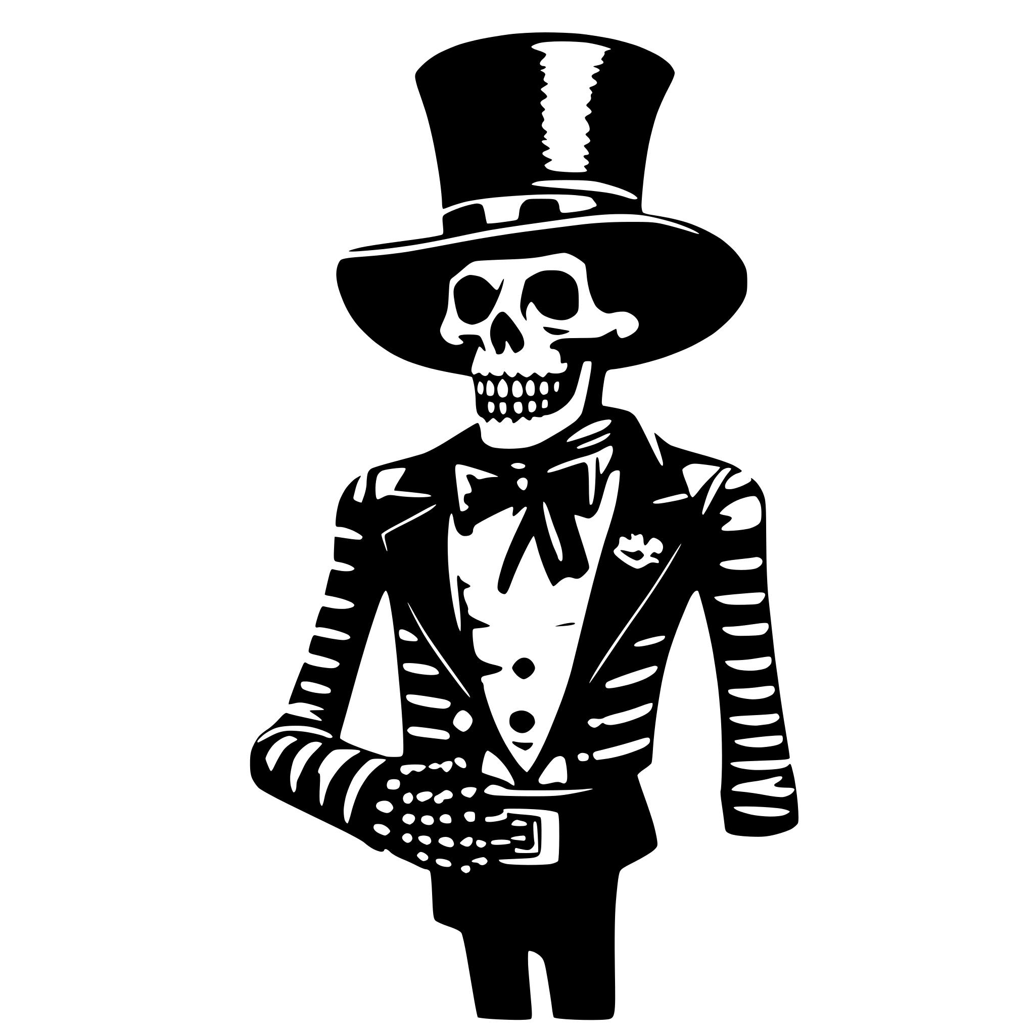 AI-generated SVG of 'a skeleton with hat cylinder and a suits'