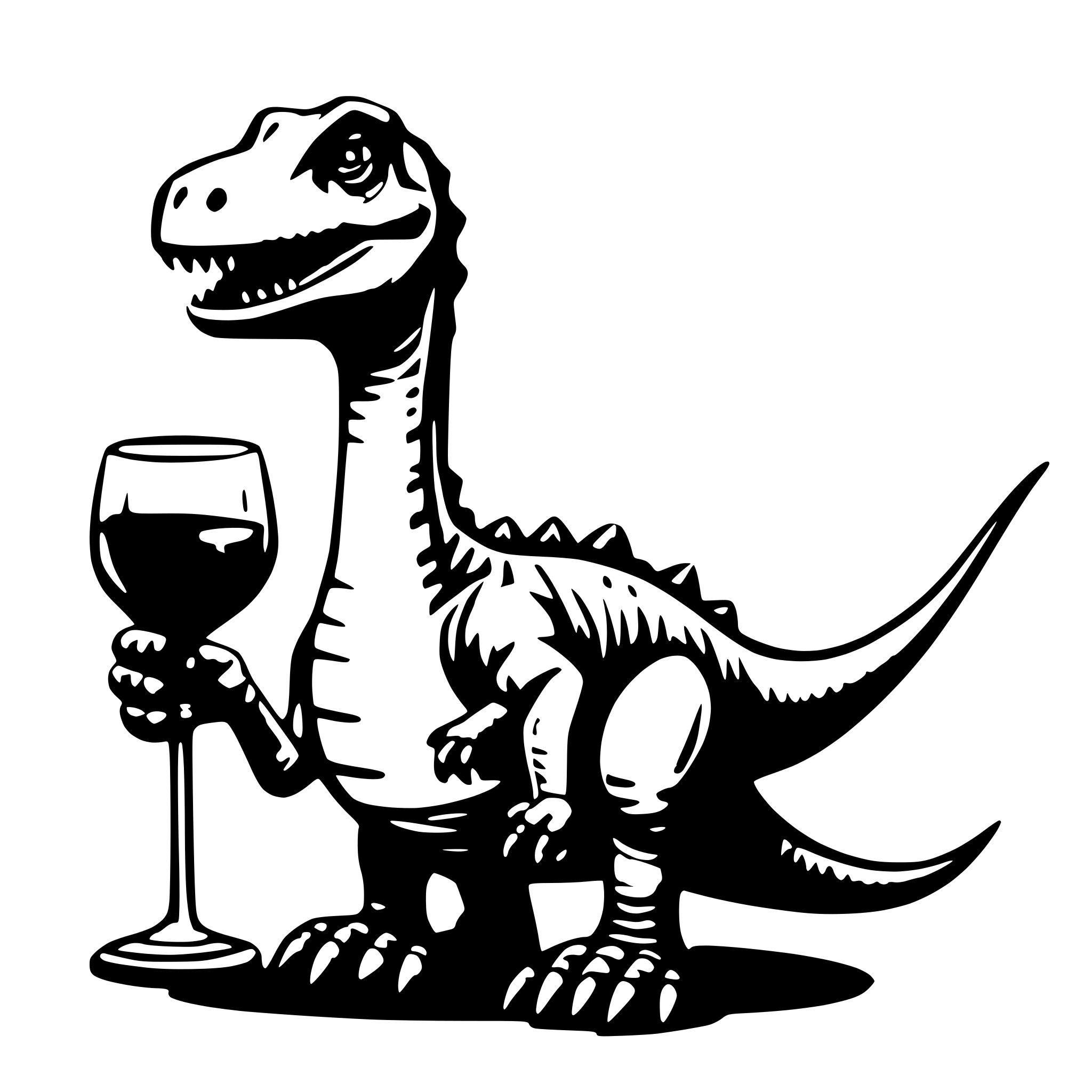 AI-generated SVG of a dinosaur with a glss of wine in the hand