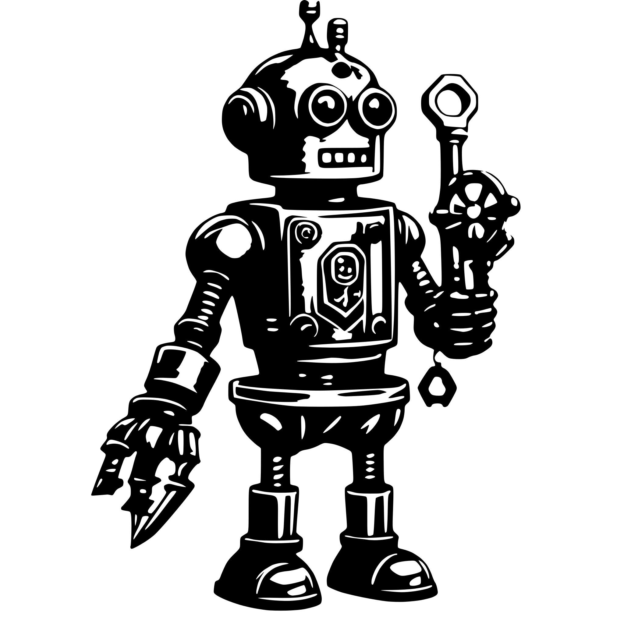 AI-generated SVG of a steampunk robot with fire in its belly holding a key