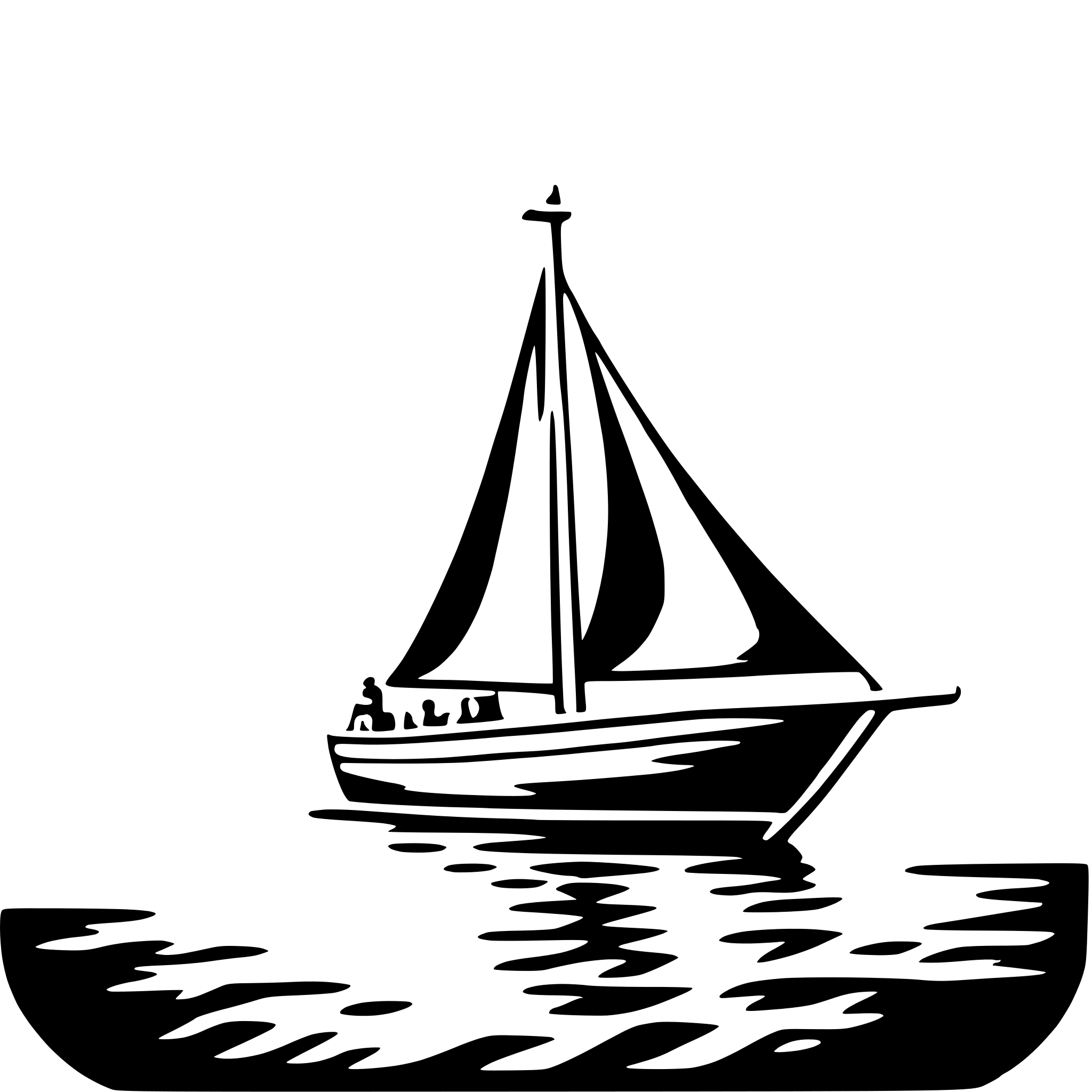 The SVG depicts a simple line drawing of a sailboat on a body of water. The boat has a single mast with a sail, and there are two figures on the deck, likely representing the crew. The water is represented by a series of wavy lines, suggesting movement or the presence of waves. The boat is oriented towards the right side of the SVG, and the sails are filled with wind, indicating that the boat is in motion. The overall style is minimalistic and uses negative space to define the shapes. 