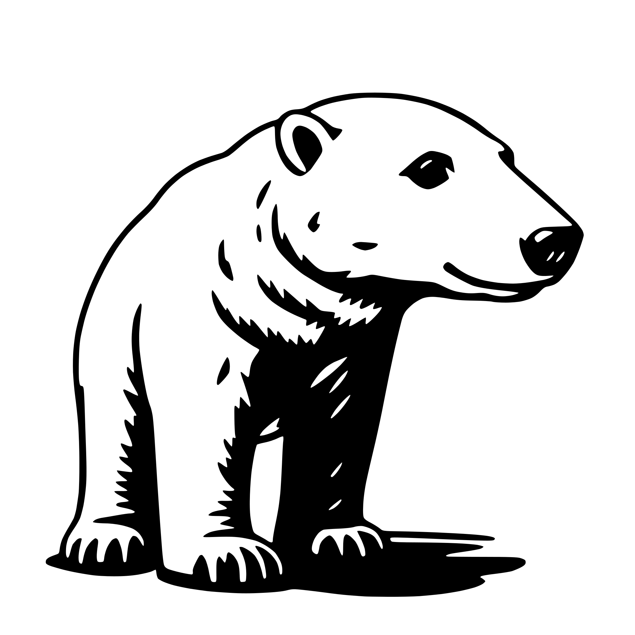 The SVG depicts a stylized, cartoon-like illustration of a polar bear. The bear is standing upright on its hind legs, with its front paws resting on the ground. It has a round head with a small, round ear on top, and its eyes are closed. The bear's body is elongated, with a hump on its back, and it has a small tail at the end of its body. The bear's fur appears to be a solid color, and there are no visible textures or patterns on its body. The bear is facing the viewer directly, and there are no other objects or interactions depicted in the SVG. 